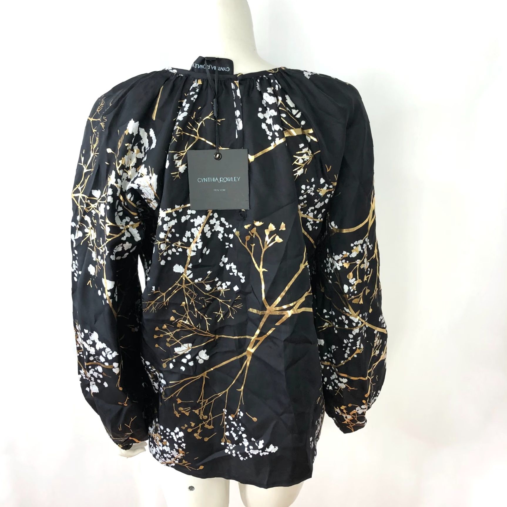 Cynthia Rowley Cynthia Rowley Blouse 100% Silk Smock Pullover All Over Print Black Long Sleeve Balloon Sleeve Regular Fit Women's L Silk Blouse Size L / US 10 / IT 46 - 3 Thumbnail