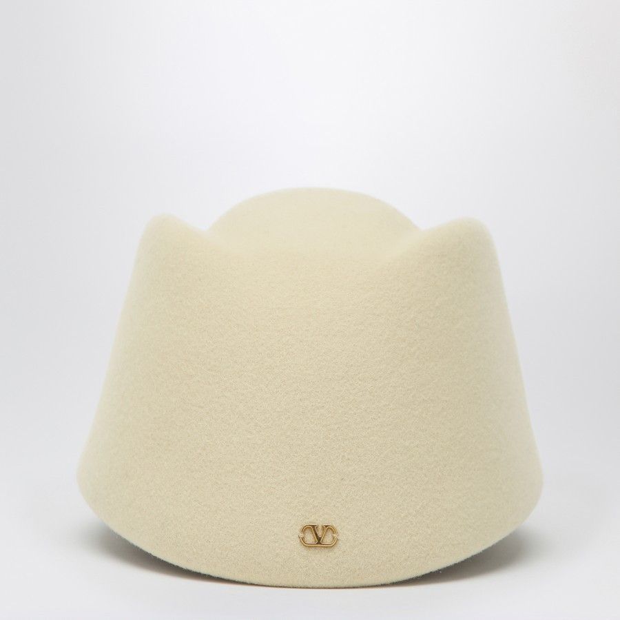 Valentino o1d2blof1025 Size: 61 / V Logo Signature Wool Hat in Cream Size ONE SIZE - 3 Thumbnail