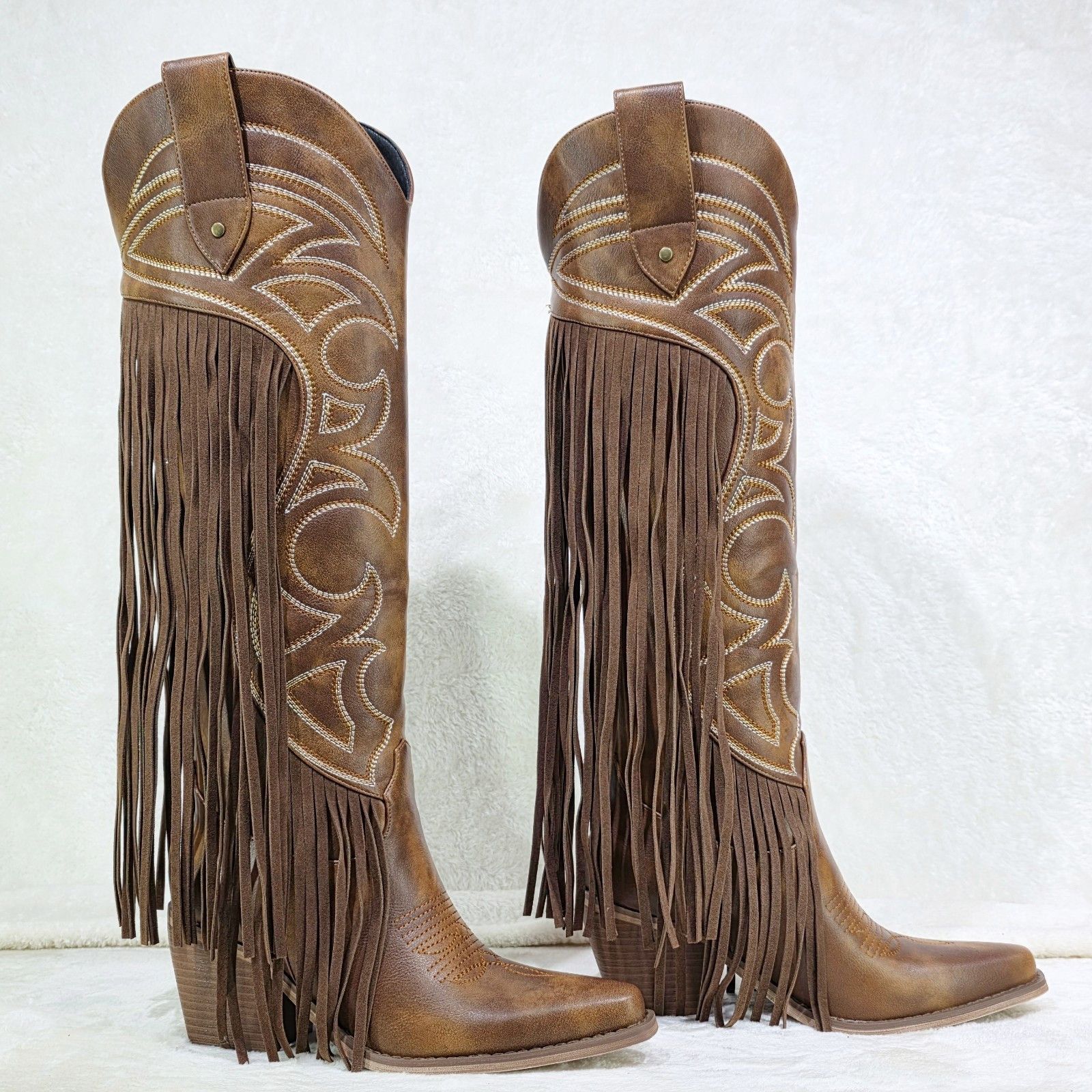 Other Tucker Embroidery Country Western Cowgirl Fringe Knee Boots Size US 7 / IT 37 - 2 Thumbnail