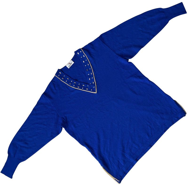 image of Bode (Sweden) Rib Knit Wool Rhinestone V-Neck Cuff Pullover in Blue, Women's (Size Large)
