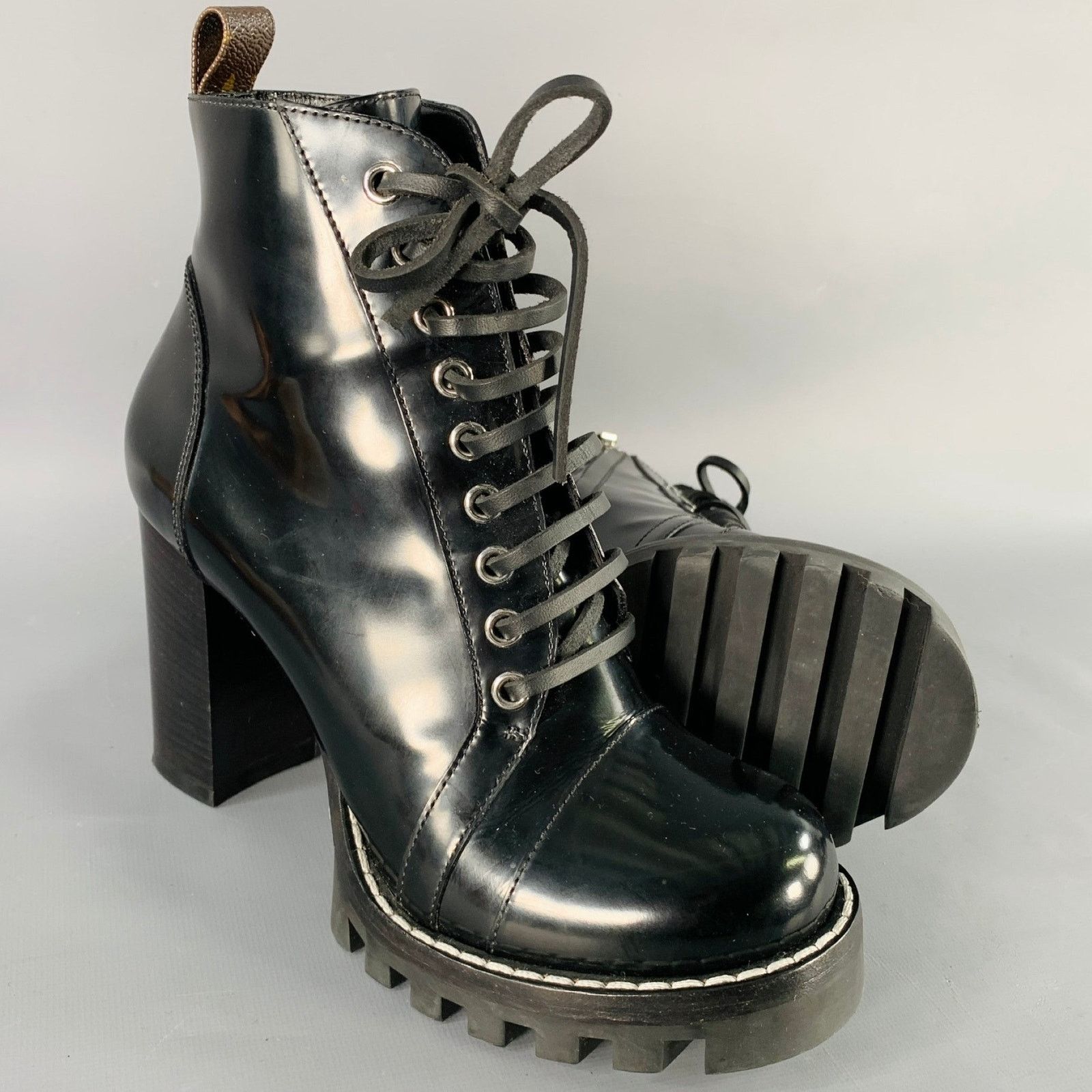 Louis Vuitton LOUIS VUITTON Black Patent Leather Tread Sole Lace-Up Boots Size US 7.5 / IT 37.5 - 5 Thumbnail