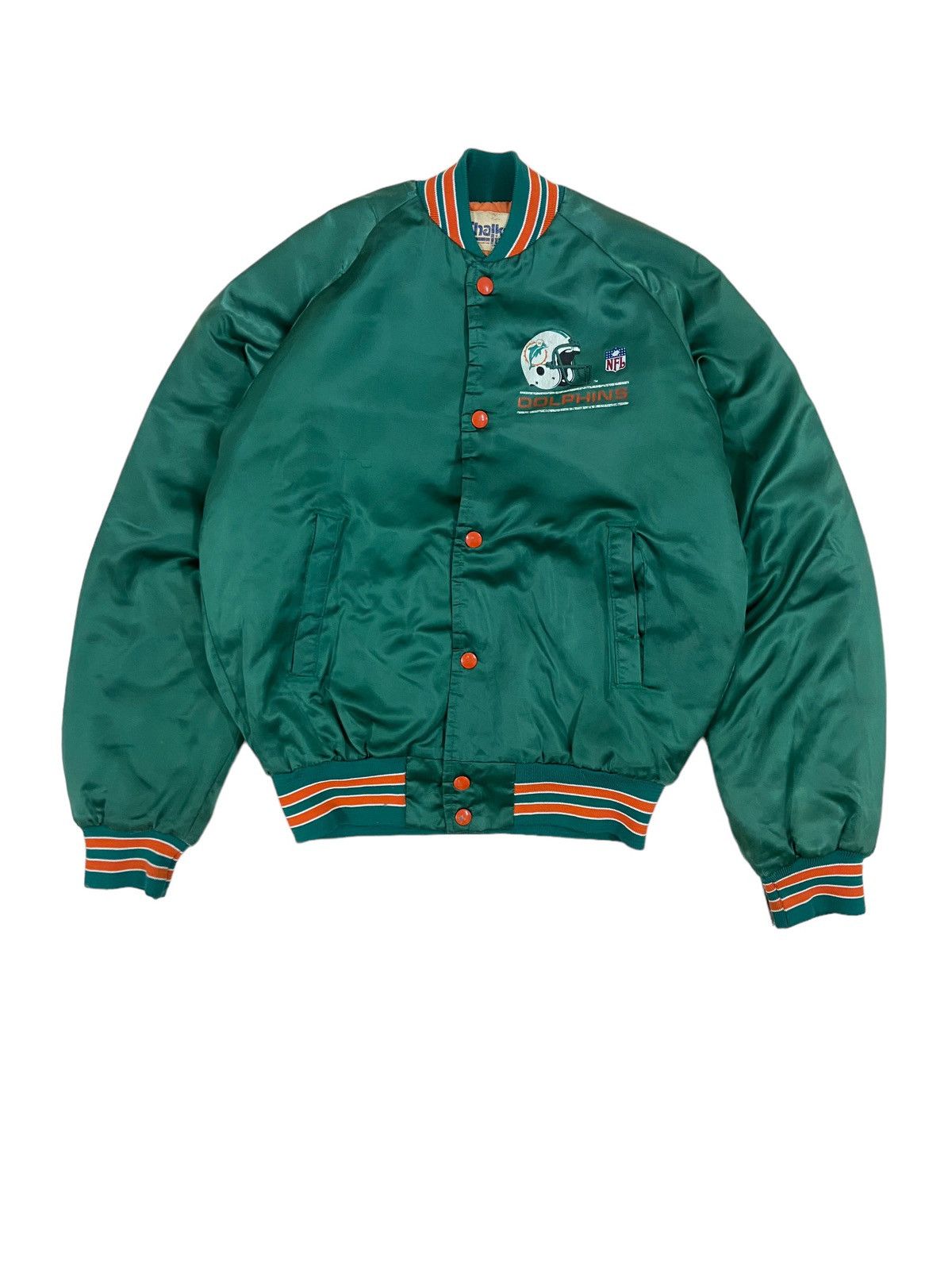 Image of Bomber Jacket x Chalk Line Vintage Miami Dolphins Nfl Jacket Streetwear Chalk Line in Green (Size S