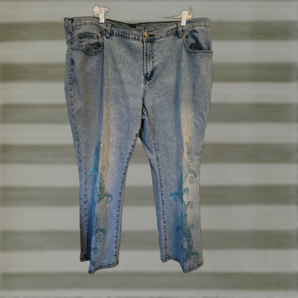 Vintage VINTAGE DG2 Diane Gilman Blue Embellished Shiny Bootcut Jeans 22W Petite Womens Jeans Boots Female Girls Mens Size 40" / US 18 - 1 Thumbnail