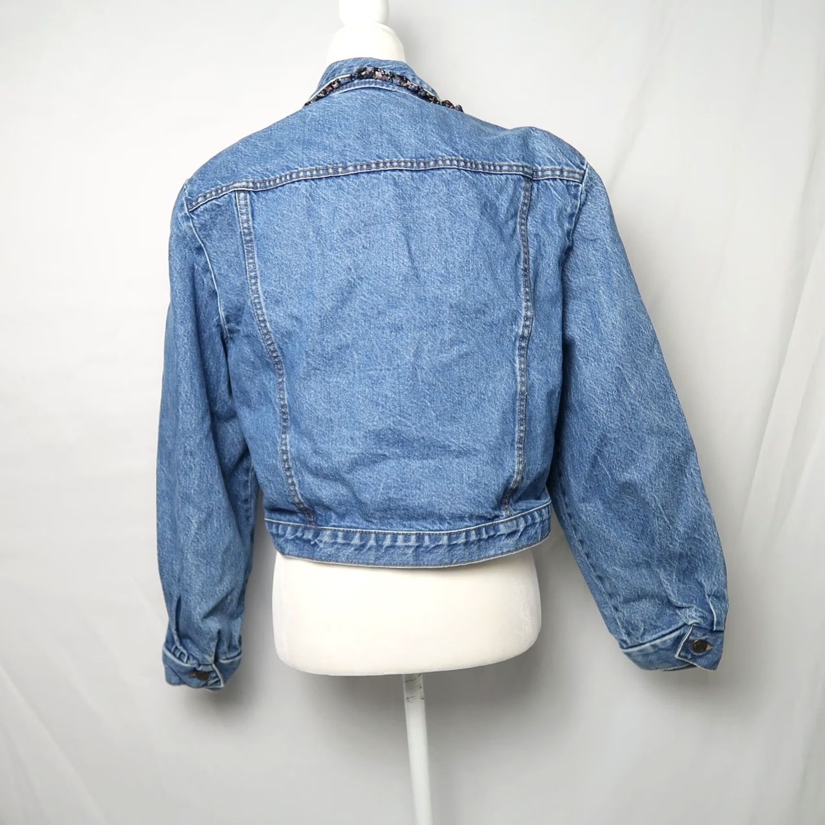 Denime VINTAGE 80s Denim Jacket Blue Floral Trim Cotton Size 6 Jacket Womens Ladies 1980s Casual Arts & Crafts Size 28" / US 6 / IT 42 - 5 Thumbnail