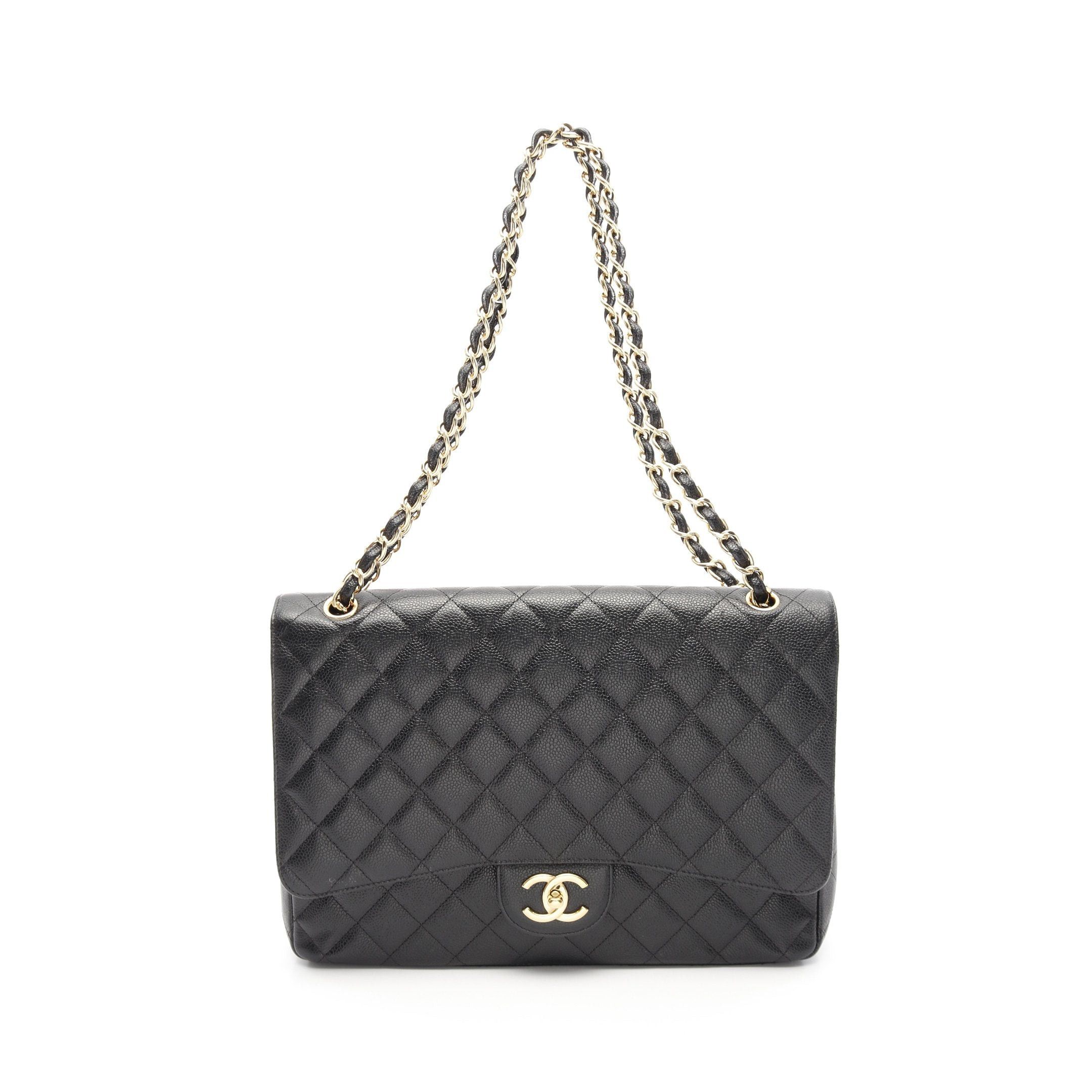 Chanel Decamatlassé 34 Double Flap Chain Shoulder Bag Caviar Skin Black Gold Hardware, Women's