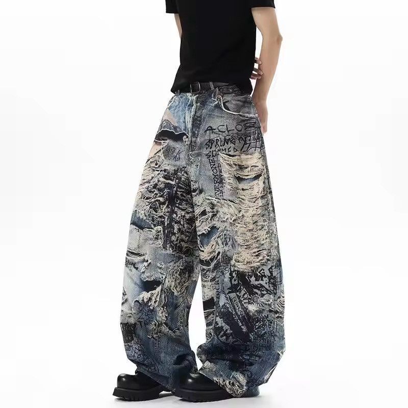 Japanese Brand Printed Distressed Denim Pants Wide-Leg, Graffiti Streetwear Size US 26 / EU 42 - 2 Thumbnail