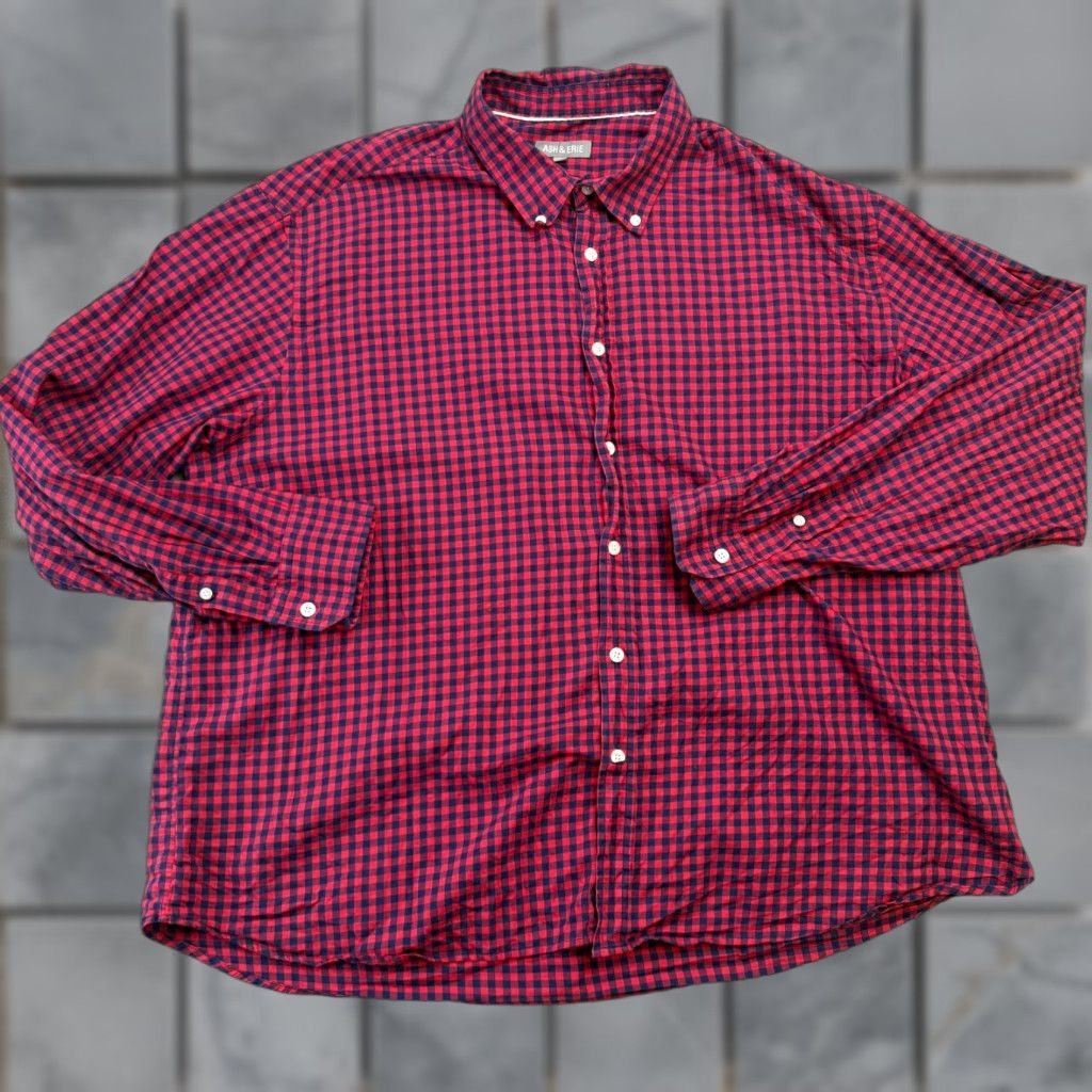 ASH Ash & Erie Shirt Mens XL Red Navy Gingham Check Button Down Lightweight Cotton Size US XL / EU 56 / 4 - 1 Thumbnail
