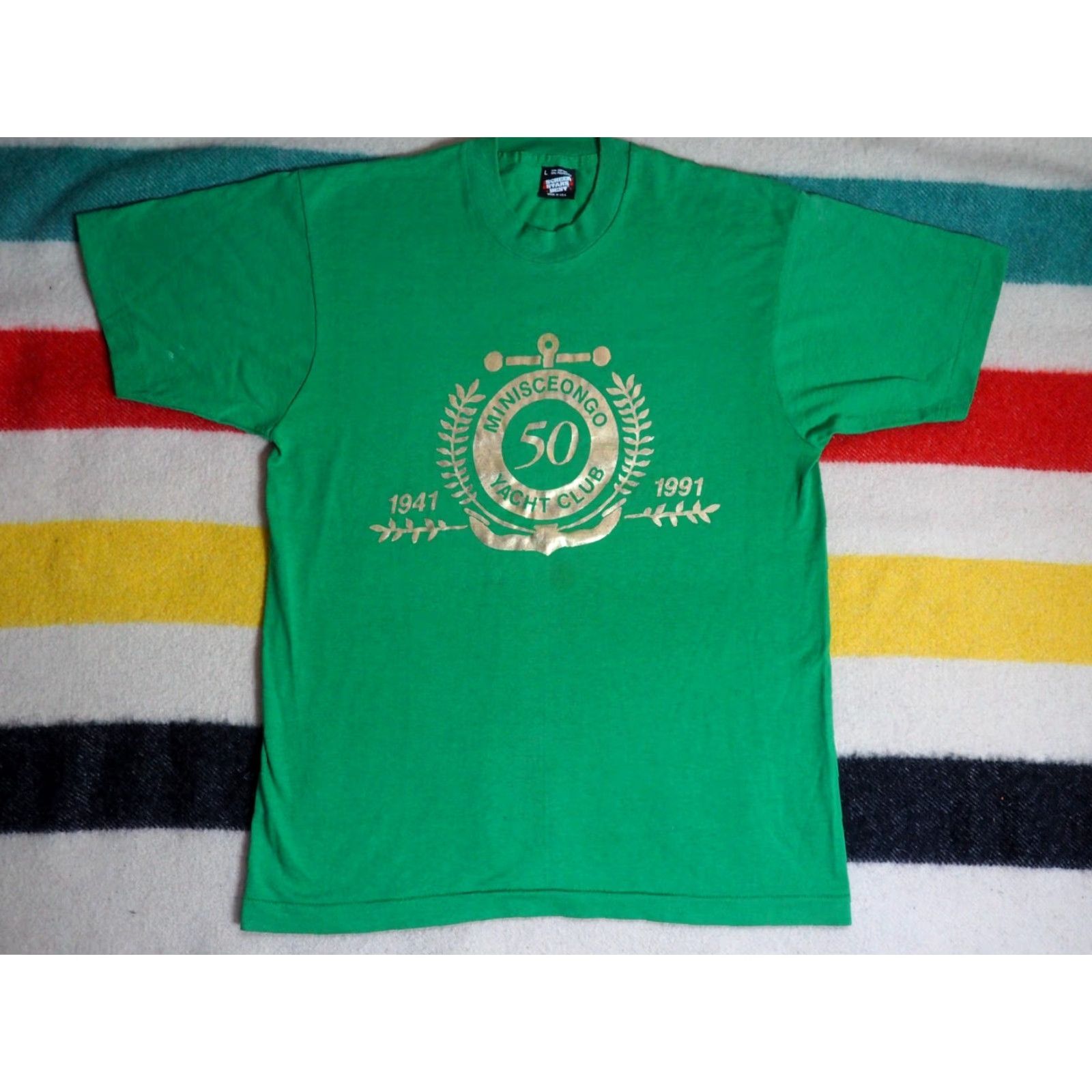 Vintage VTG 90s Screen Stars Minisceongo Yacht Club NYC New York Green USA Tee T-Shirt L Mens Short Sleeve Cotton Blend Graphic Tee Size US L / EU 52-54 / 3 - 2 Thumbnail