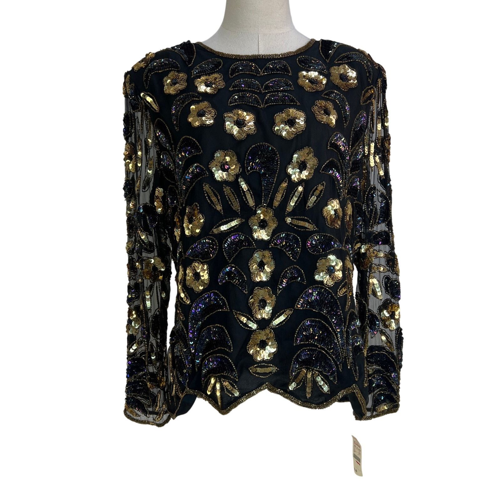Vintage Stenay Floral Beaded Top Black Silk Blouse