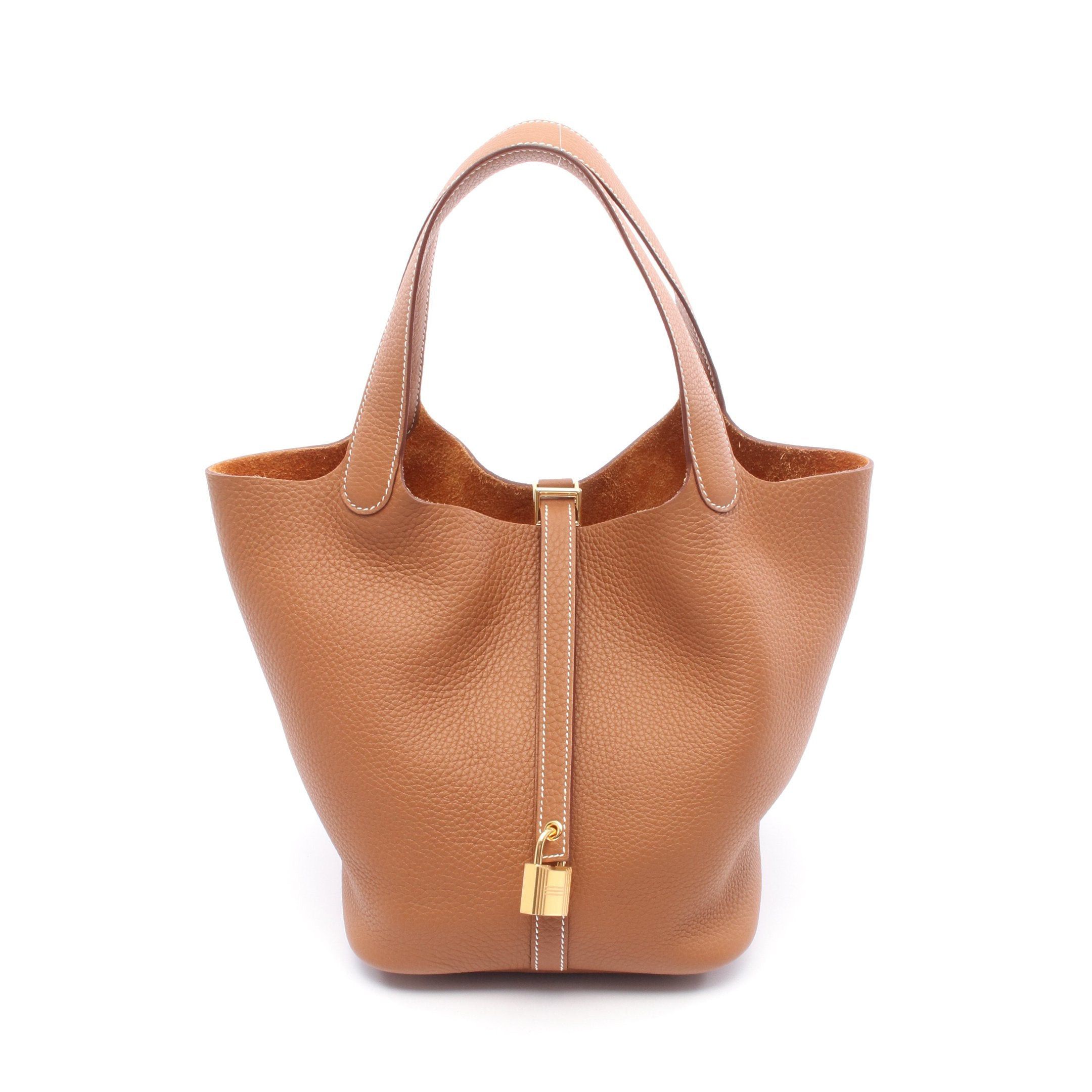 Hermes Picotane Lock Mm Gold Handbag Clemence Leather Brown Hardware K Stamp