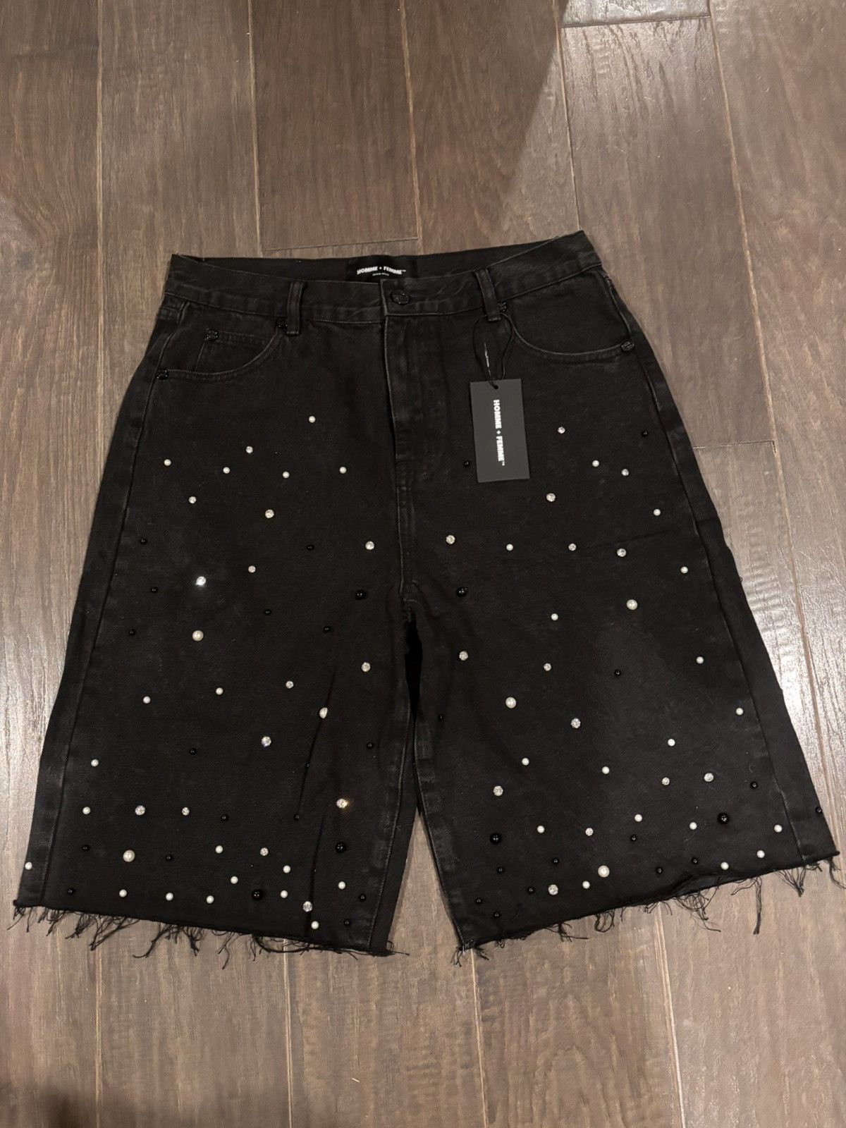 HOMME FEMME BLACK GEMSTONE DENIM SHORTS SZ 34