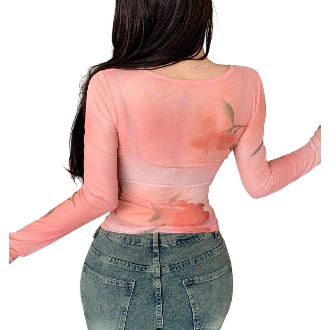 Shein Floral Print V-Neck Long Sleeve Mesh Top in Pink, Size M Size M / US 6-8 / IT 42-44 - 2 Thumbnail