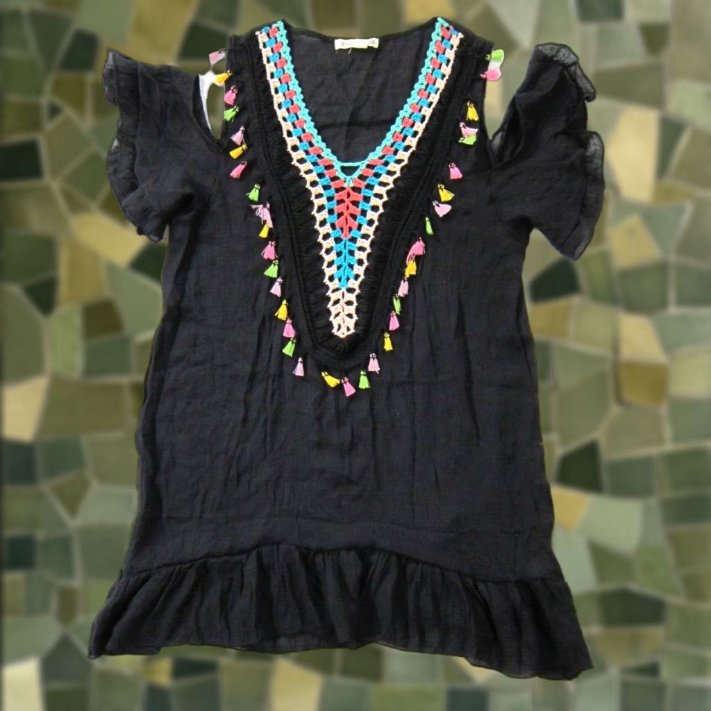 Vintage Beach By Exist Black Sheer Rayon Knit Tassel Off Shoulder Cover Tunic Dress S/M Size M / US 6-8 / IT 42-44 - 1 Thumbnail