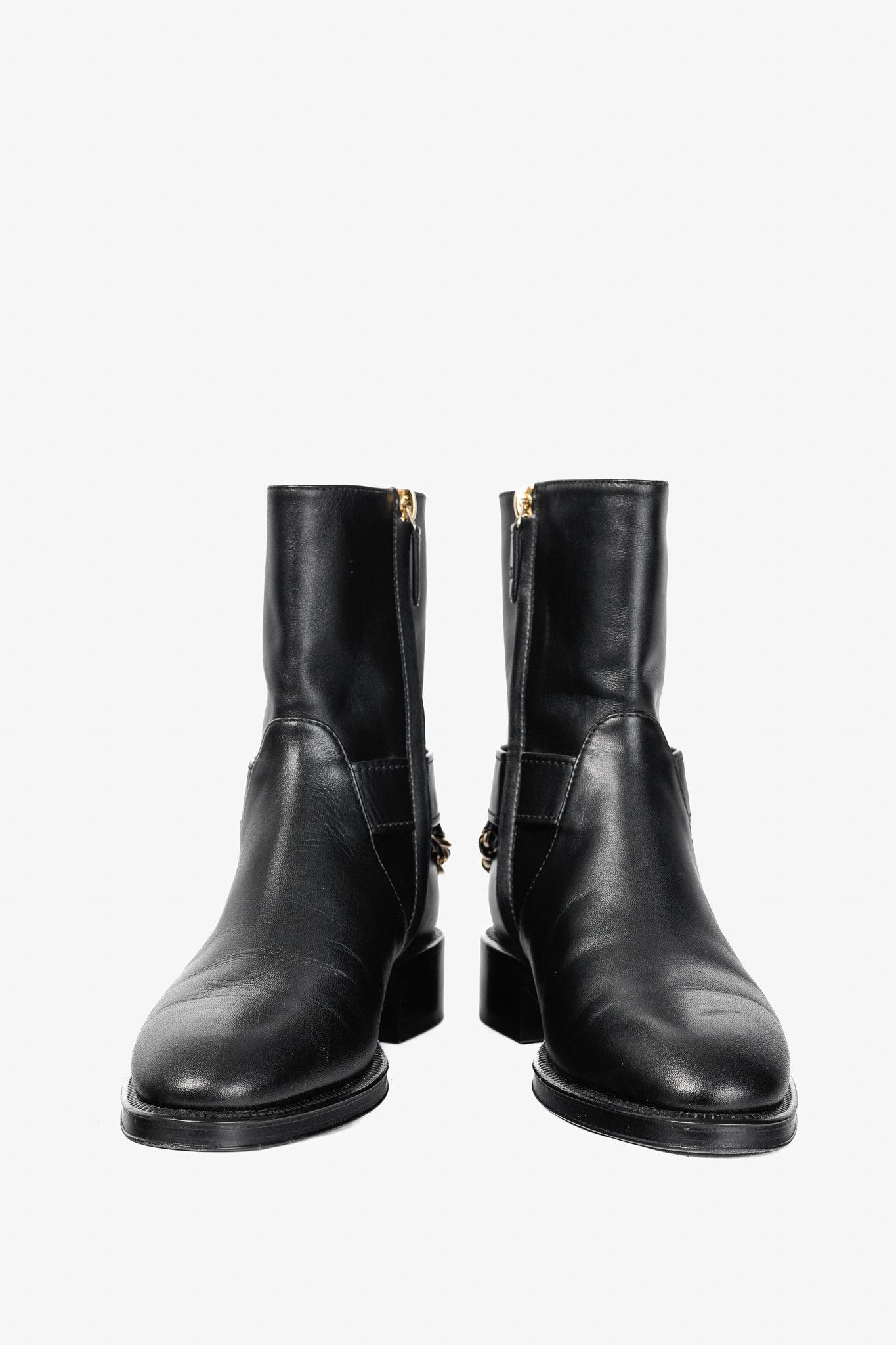 Chanel Chanel 22A Black Calfskin & Metal CC Chainlink Moto Boots Size US 5 / IT 35 - 2 Thumbnail