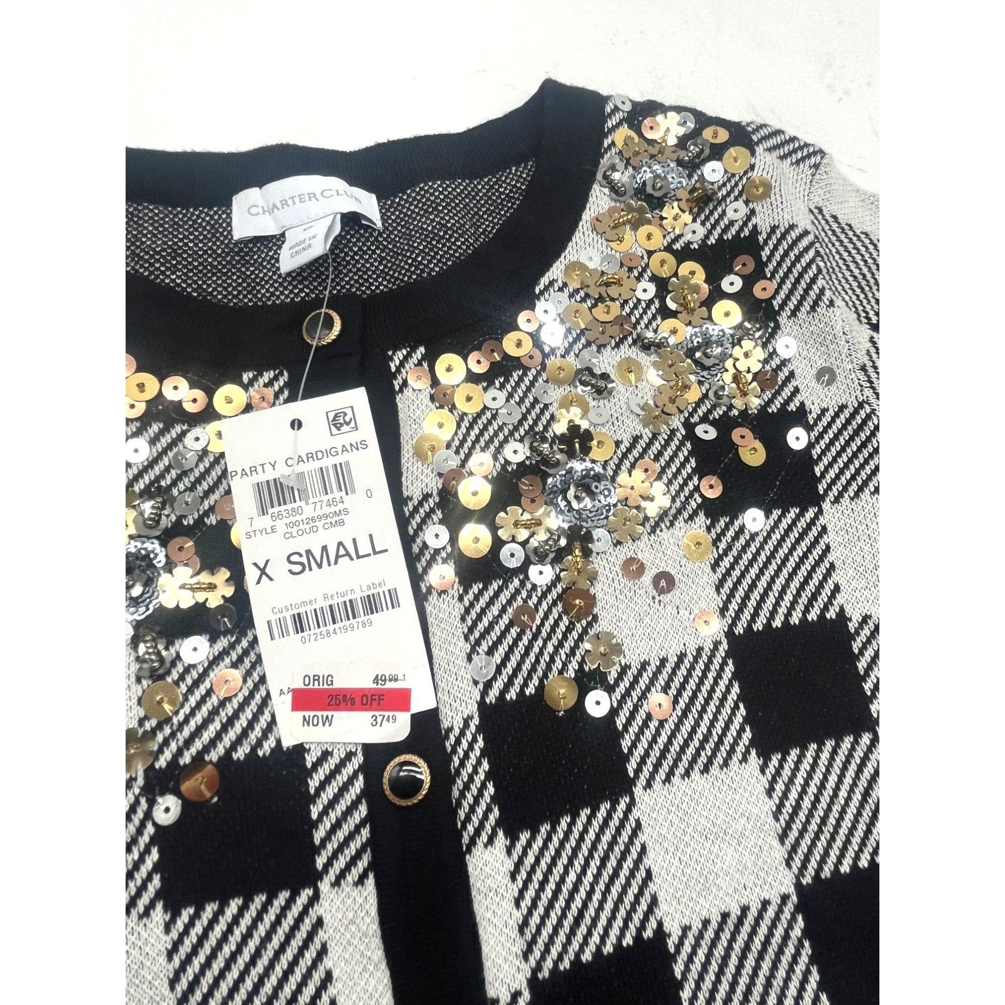 Other Charter Club Plaid Sequined Cardigan, Cloud Combo, XS Size XS / US 0-2 / IT 36-38 - 6 Thumbnail