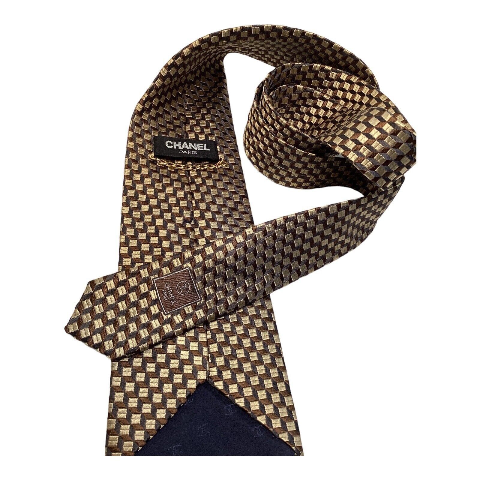 Chanel CHANEL Paris Gold Brown Geometric Luxury Designer Silk Tie I Size ONE SIZE - 5 Thumbnail