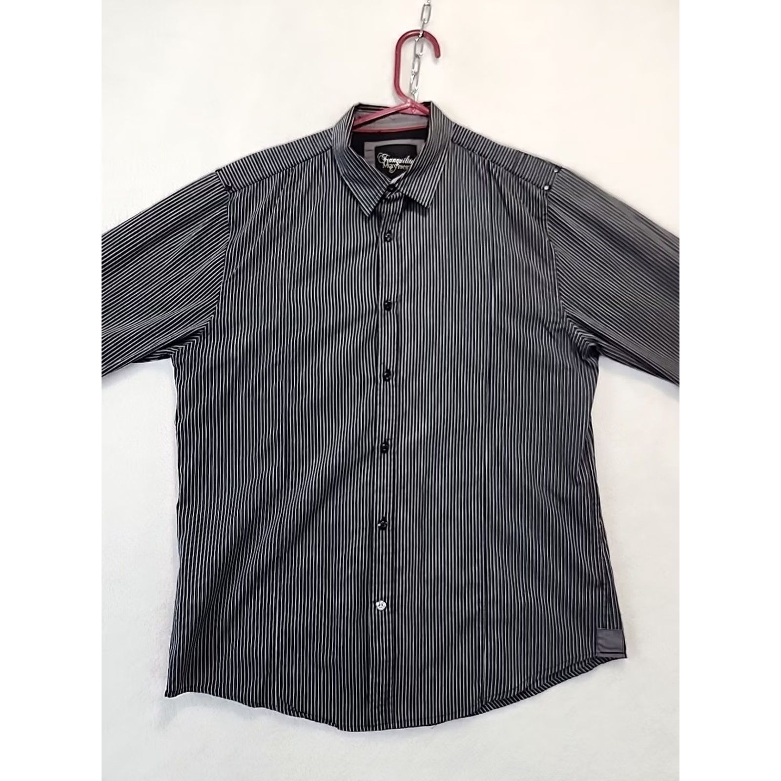 Vintage Tranquility Mayhem Men's Black Striped Long Sleeve Button-Up Shirt - L Regular, Fold-Over Flip Cuff, Pocket, All Seasons, Woven Size 42R - 3 Thumbnail
