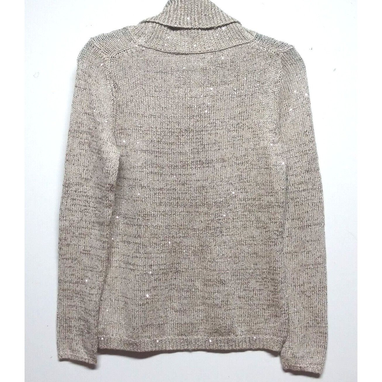 White House Black Market WHBM SEQUIN SWEATER Sz S taupe beige gold chic cowl neck lon Size S / US 4 / IT 40 - 2 Thumbnail