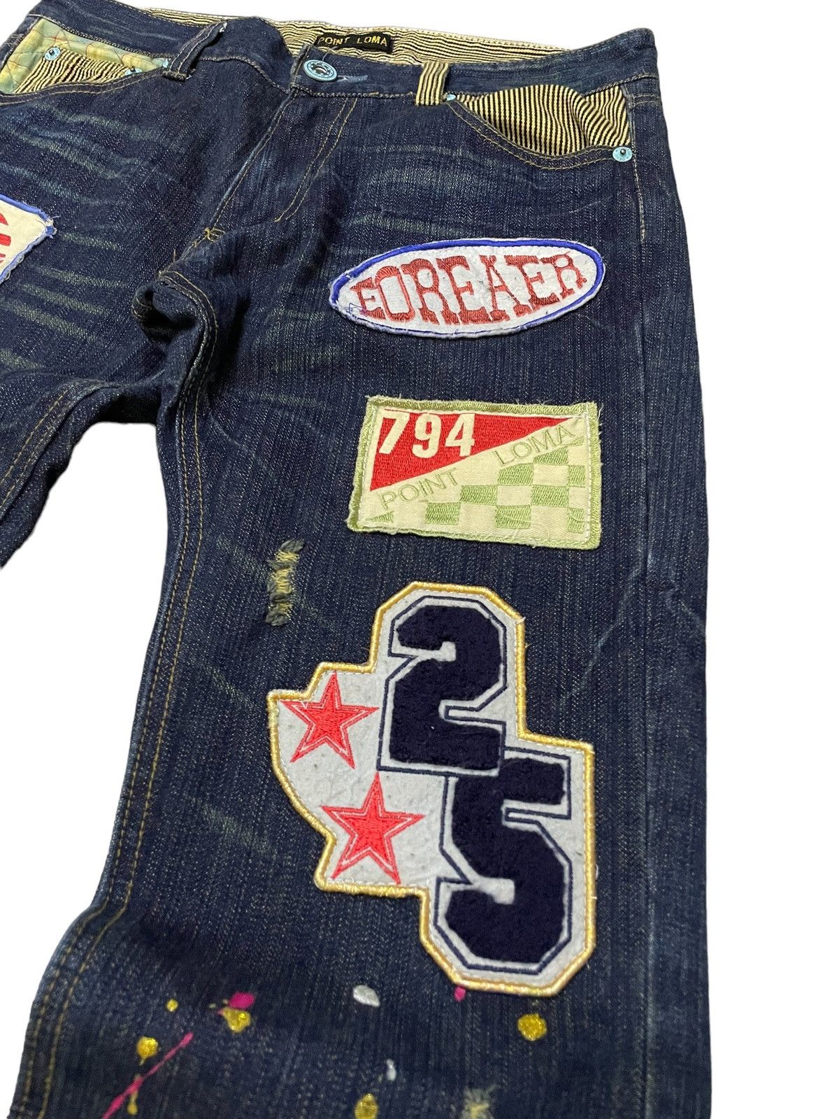 Point Loma Japan Patched Distressed Paint Splatter Jeans