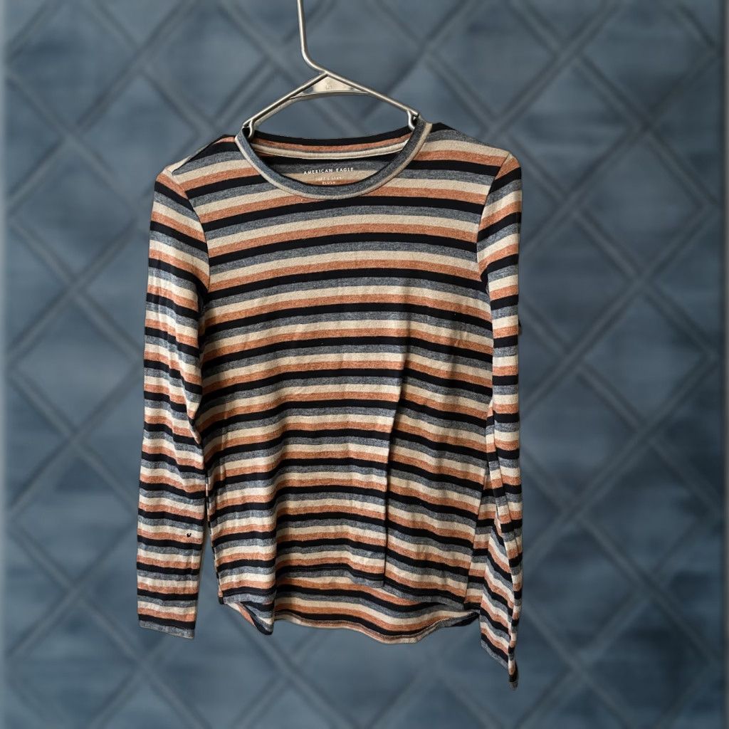American Eagle Outfitters American Eagle Outfitters Sweater Women Size S Orange Cream Blue Striped Crew Neck Long Sleeve Pullover Womens Size S / US 4 / IT 40 - 1 Thumbnail