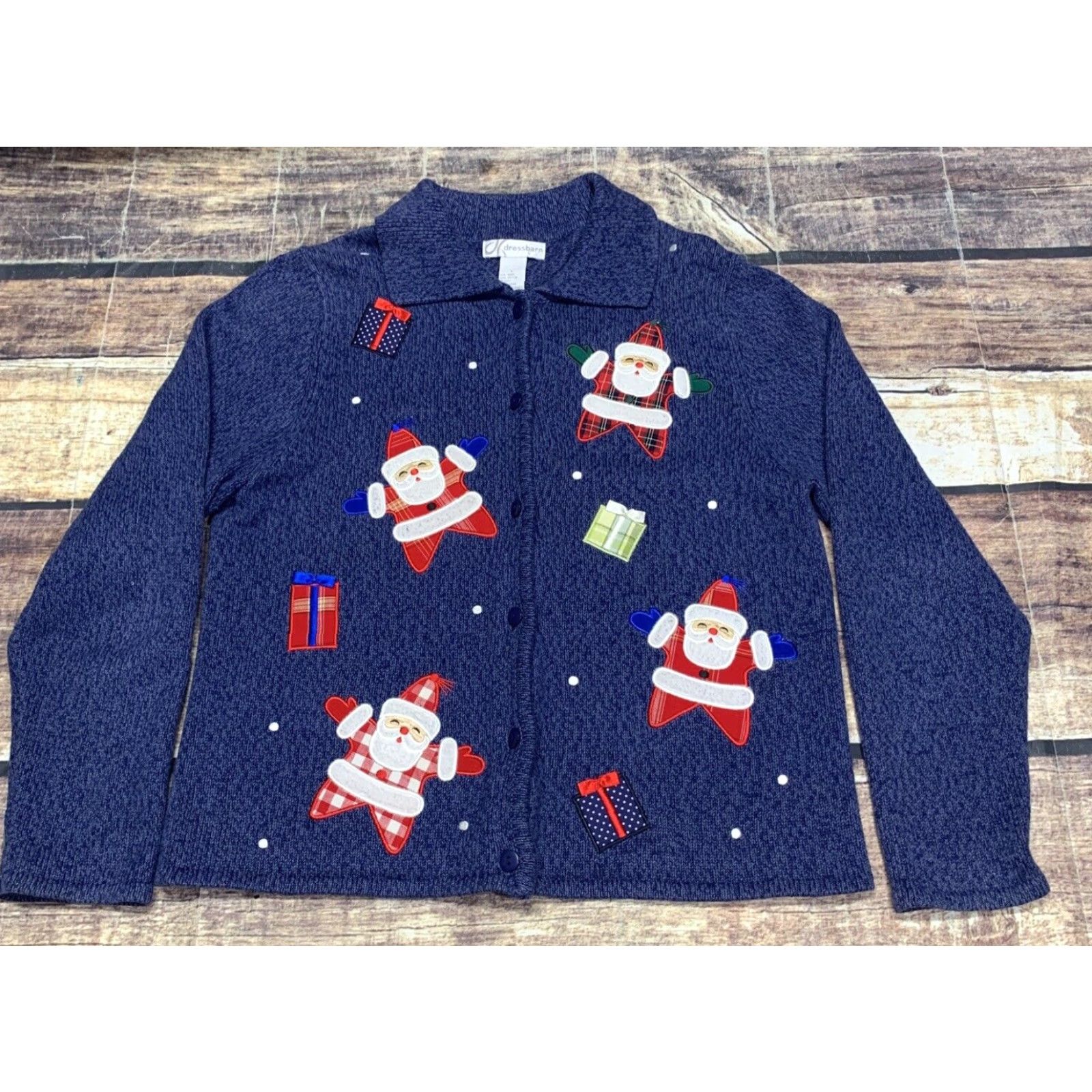 Vintage Dressbarn Ugly Christmas Sweater Cardigan Womens Large Blue Santa Claus Presents Holiday Knit Dress/Plus Size Mens? Size L / US 10 / IT 46 - 2 Thumbnail