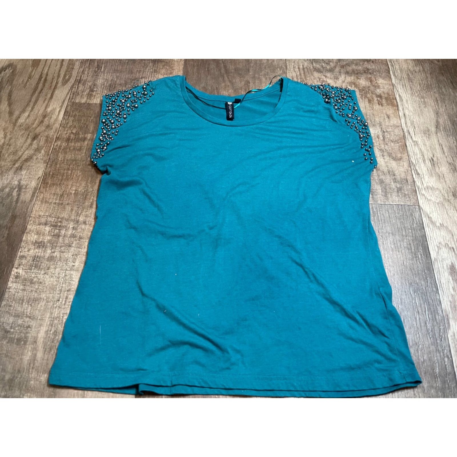 Cotton On Cotton On Top Womens Medium M Blue Teal Blouse Beaded Short Sleeve Shirt Blouse Casual Travel Pattern Striped Size M / US 6-8 / IT 42-44 - 2 Thumbnail