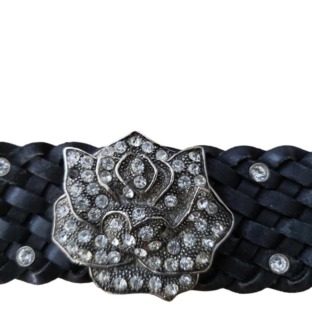 Designer Rhinestone & Weaved Leather Rose Cuff Black Size ONE SIZE - 4 Thumbnail