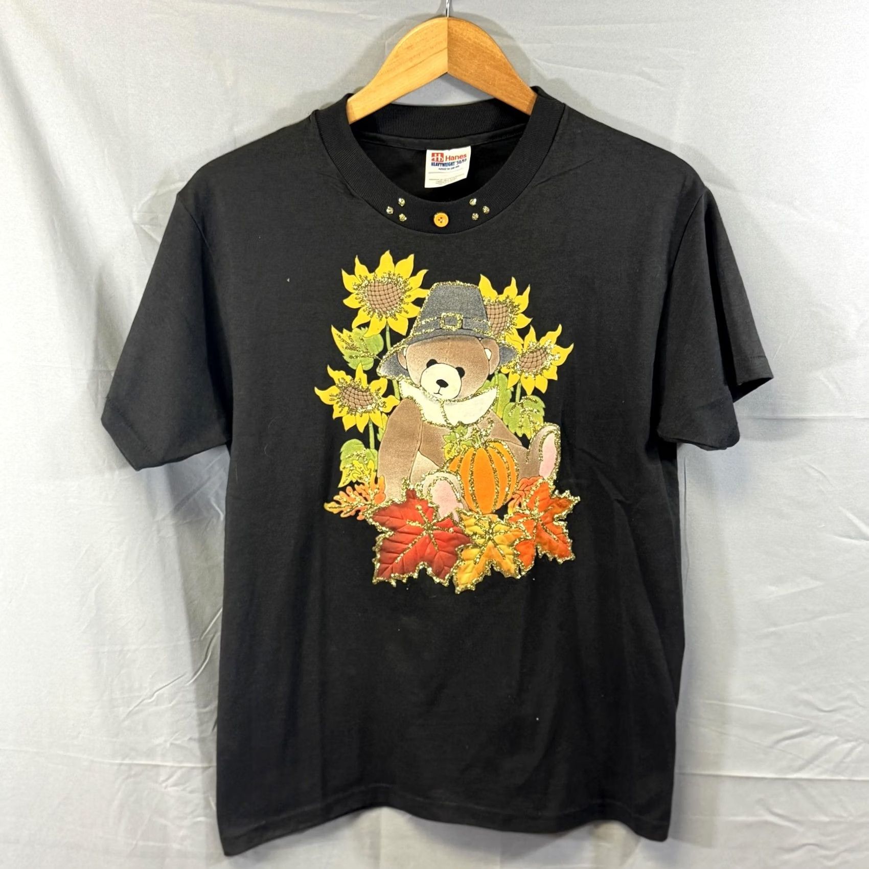 Hanes VINTAGE Hanes Womens Medium Black Fall Sunflower Pumpkin 90s Harvest Teddy Bear Graphic Short Sleeve Crew Neck T-Shirt Mens Medium Size M / US 6-8 / IT 42-44 - 2 Thumbnail