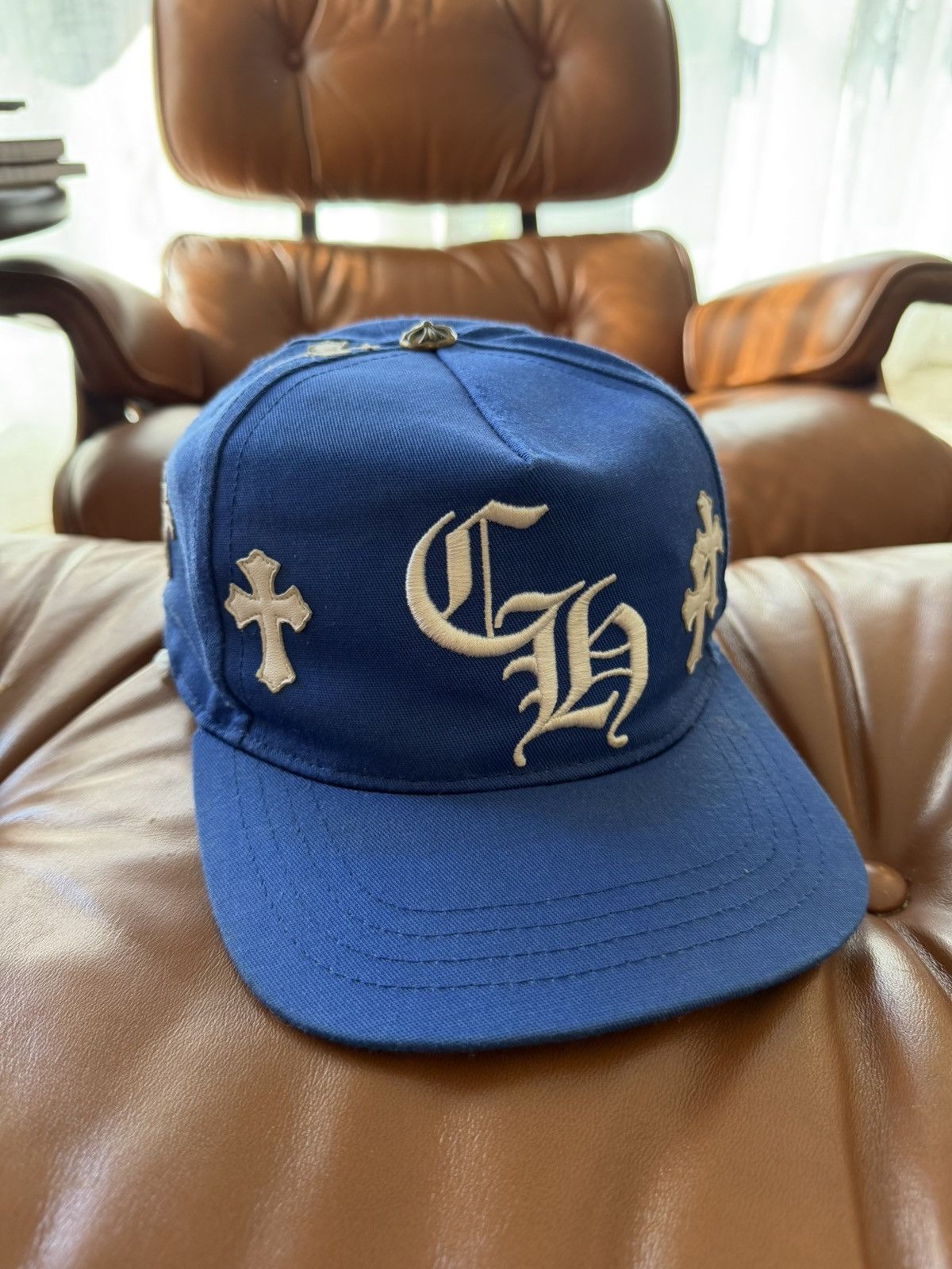 Chrome Hearts Chrome Hearts CH Snapback Hat - Blue W/ White Leather Patch Size ONE SIZE - 1 Thumbnail