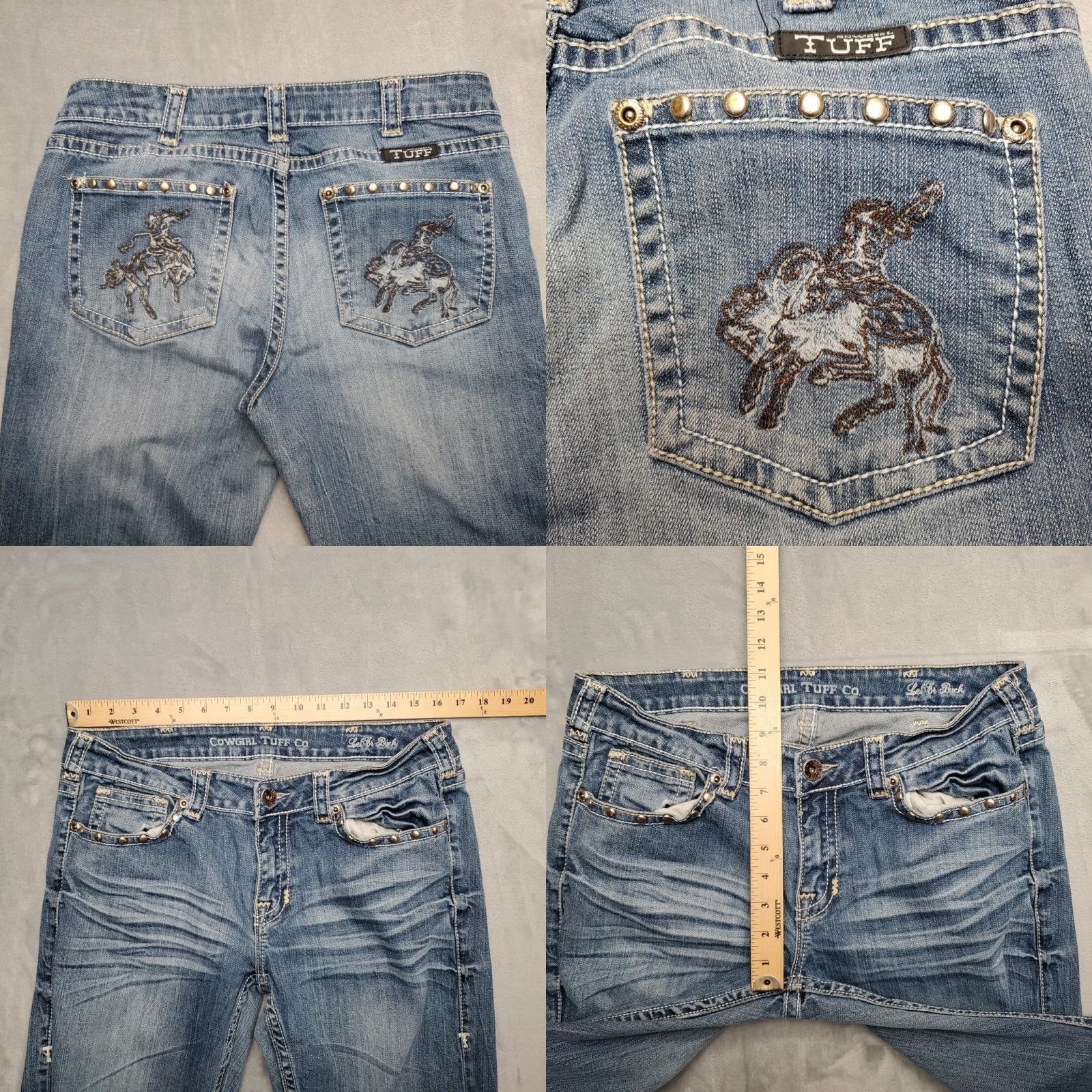 Vintage Cowgirl Tuff Jeans Women Bootcut 31x33 Denim Blue Western Cowboy Bucking Bronc Logo Embroidered Stretch Pants USA Mens Womens Size 24" / US 00 / IT 34 - 9 Thumbnail