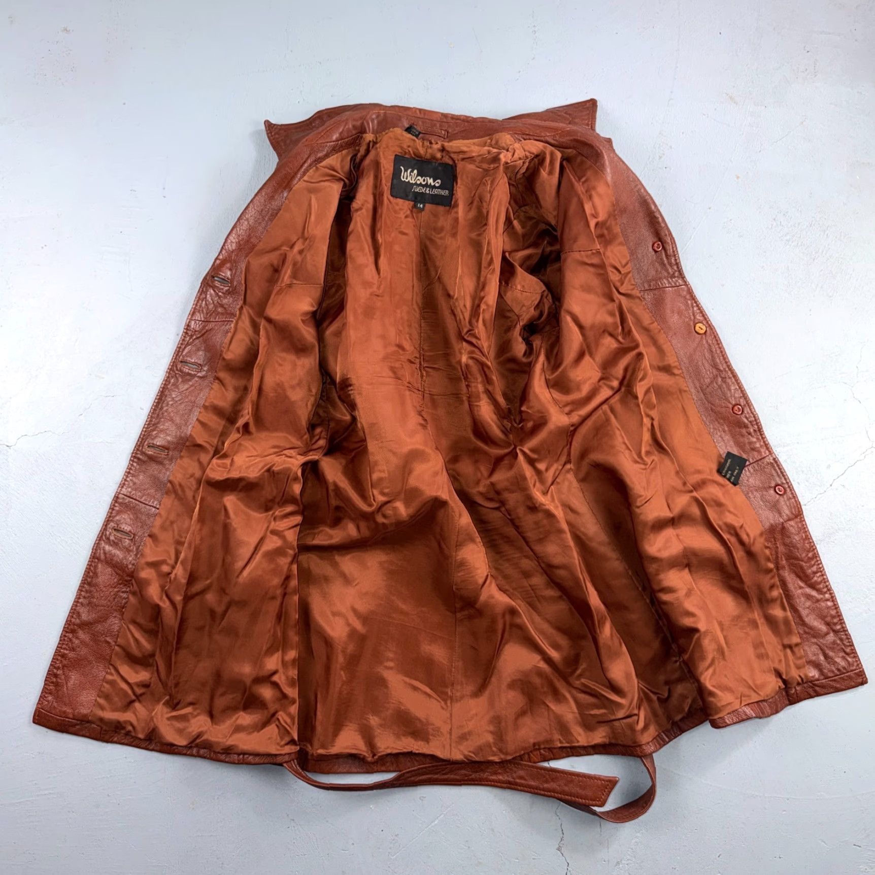 Vintage VTG Wilsons Women's Brown 100% Leather Jacket Trench Coat Car Belted 80s 90s Size XL / US 12-14 / IT 48-50 - 2 Thumbnail