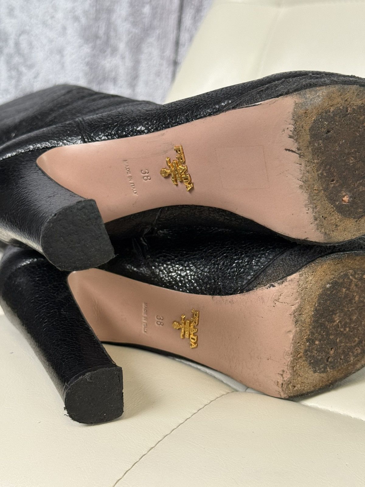Prada Prada Black Textured Leather Knee High Platform Heeled Boots Size US 8 / IT 38 - 22 Thumbnail