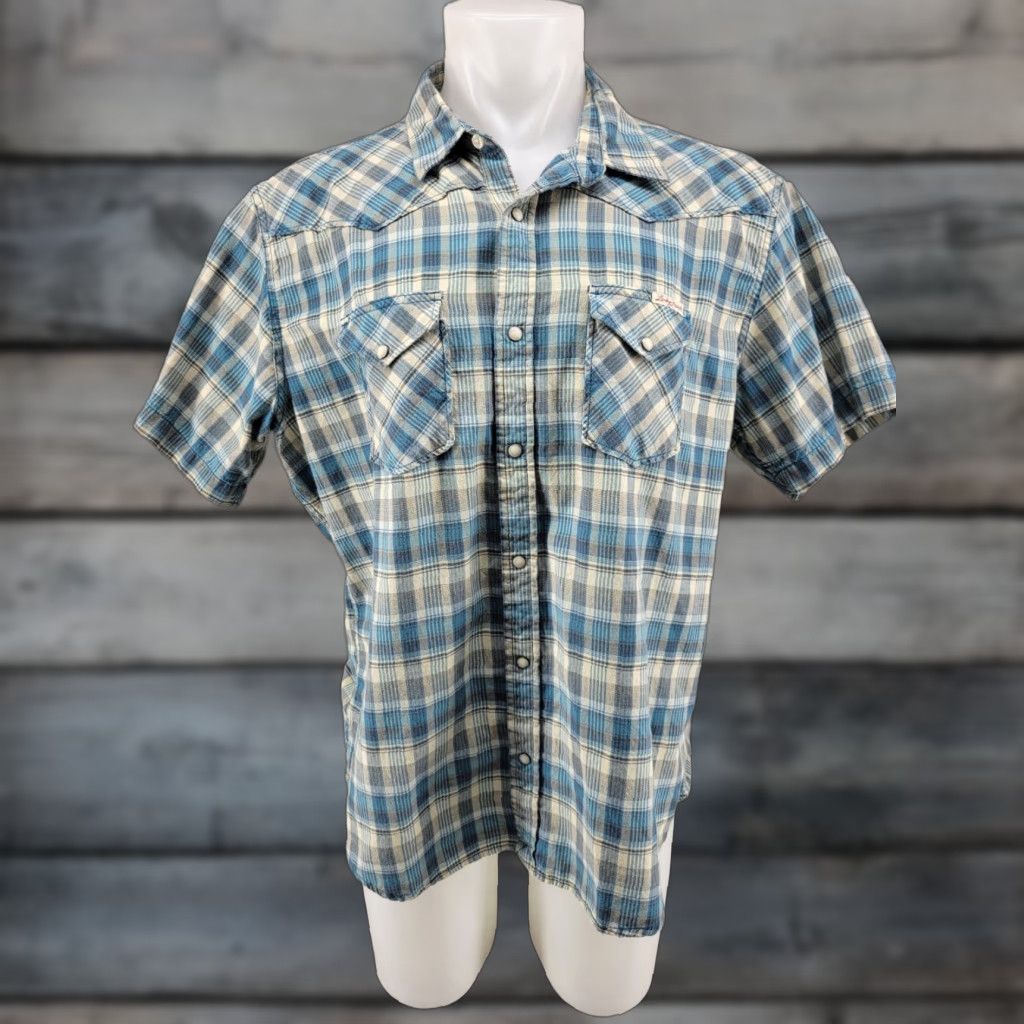 Lucky Brand Lucky Brand Mens Shirt XL Blue Tan Plaid Pearl Snap Western Short Sleeve Size US XL / EU 56 / 4 - 1 Thumbnail