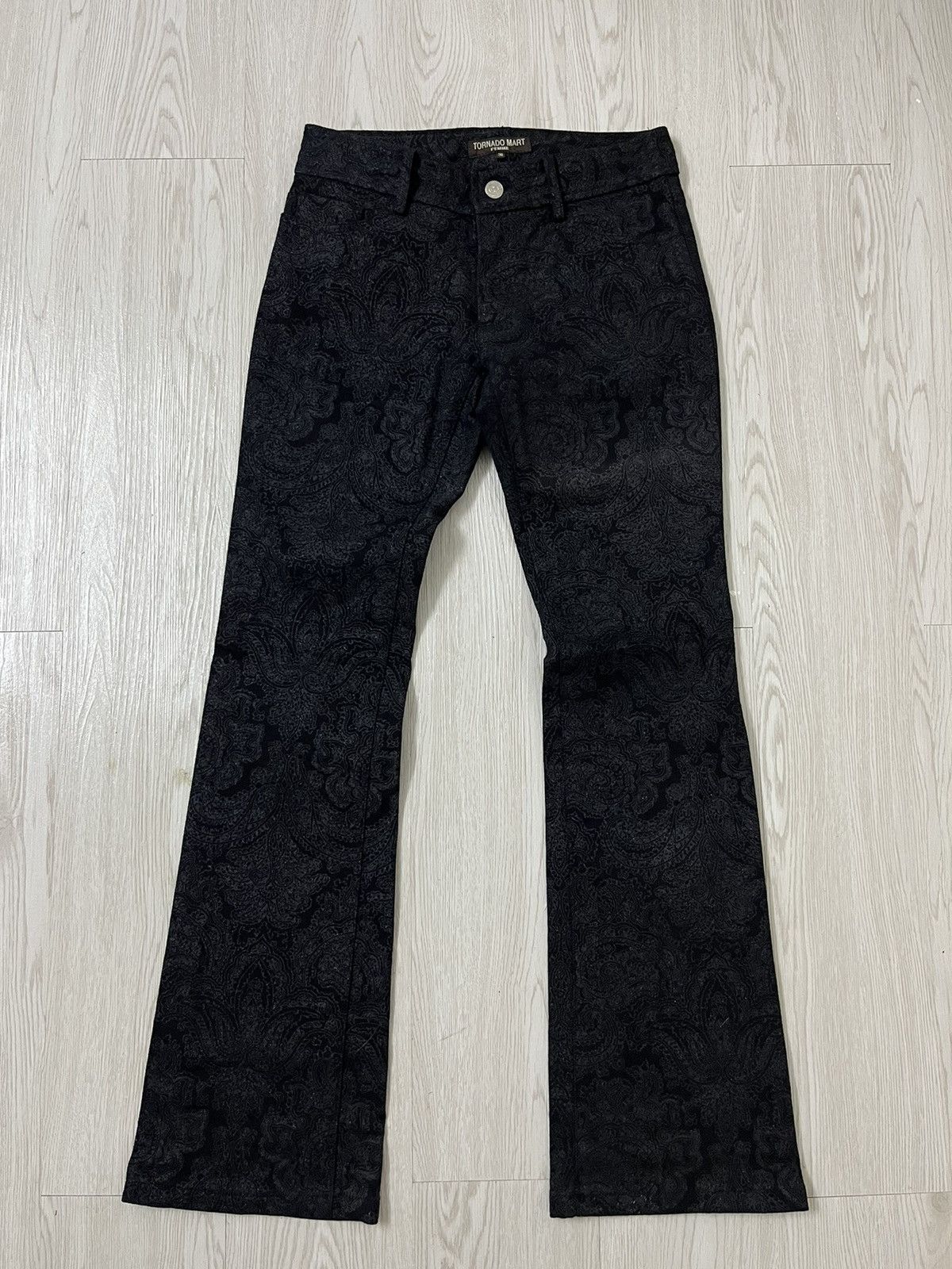 image of Vintage Tornado Mart Femme Paisley Waxed Flare Jeans in Black, Women's (Size 26)
