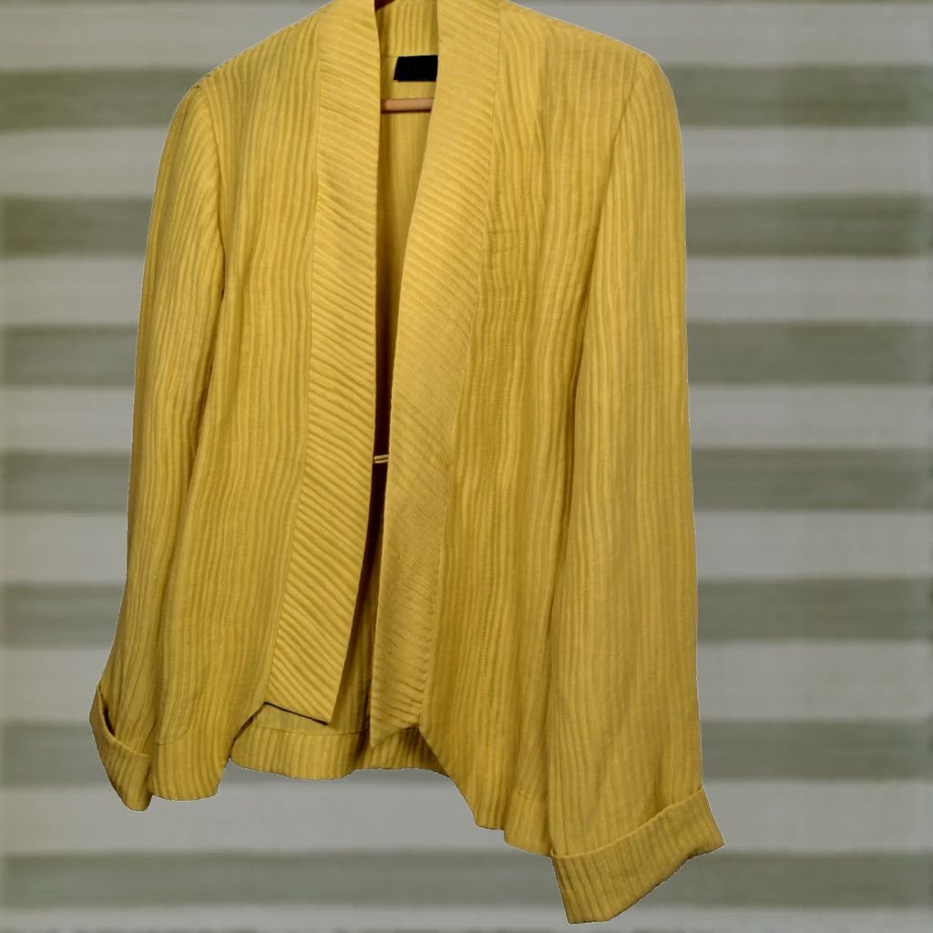 Vintage Lagenlook Blouse Cardigan One Size Linen Silk Gold Ribbed Long Sleeve Band Neck Gold Women Regular Earthy Natural Fall Spring Winter Gently Used Size ONE SIZE - 1 Thumbnail