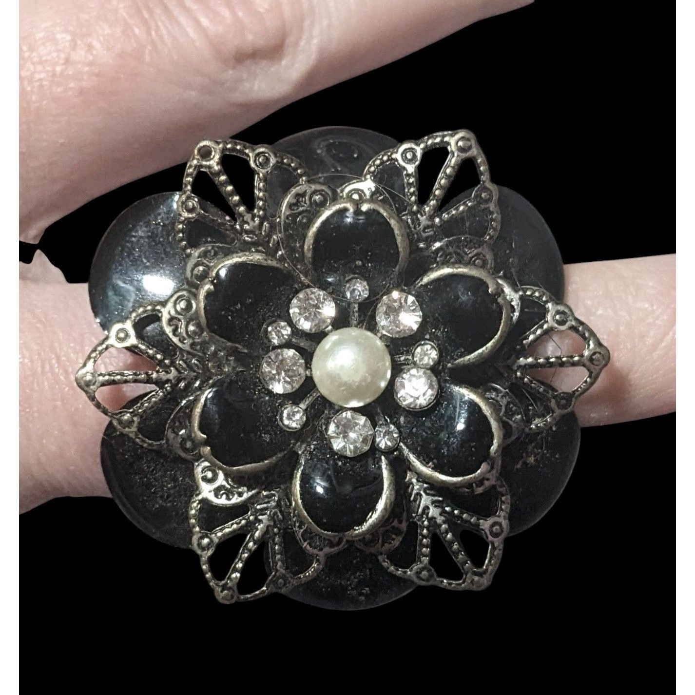 Other Vintage Whimsygoth Floral Black And Silver Tone Statement St Size ONE SIZE - 3 Thumbnail