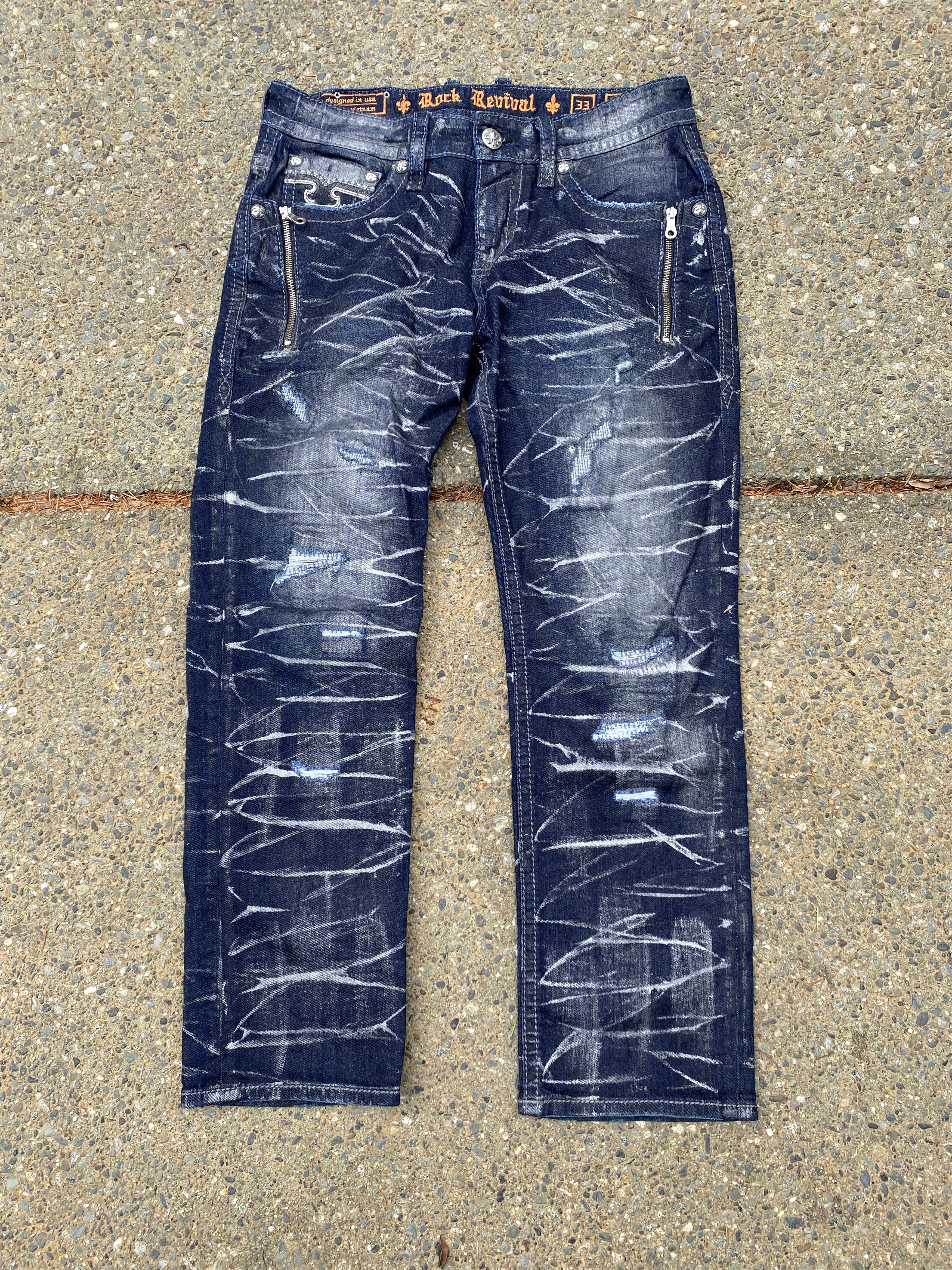 Image of Rock Revival Lambeth Straight Distressed Jeans 33 in Blue, Men's