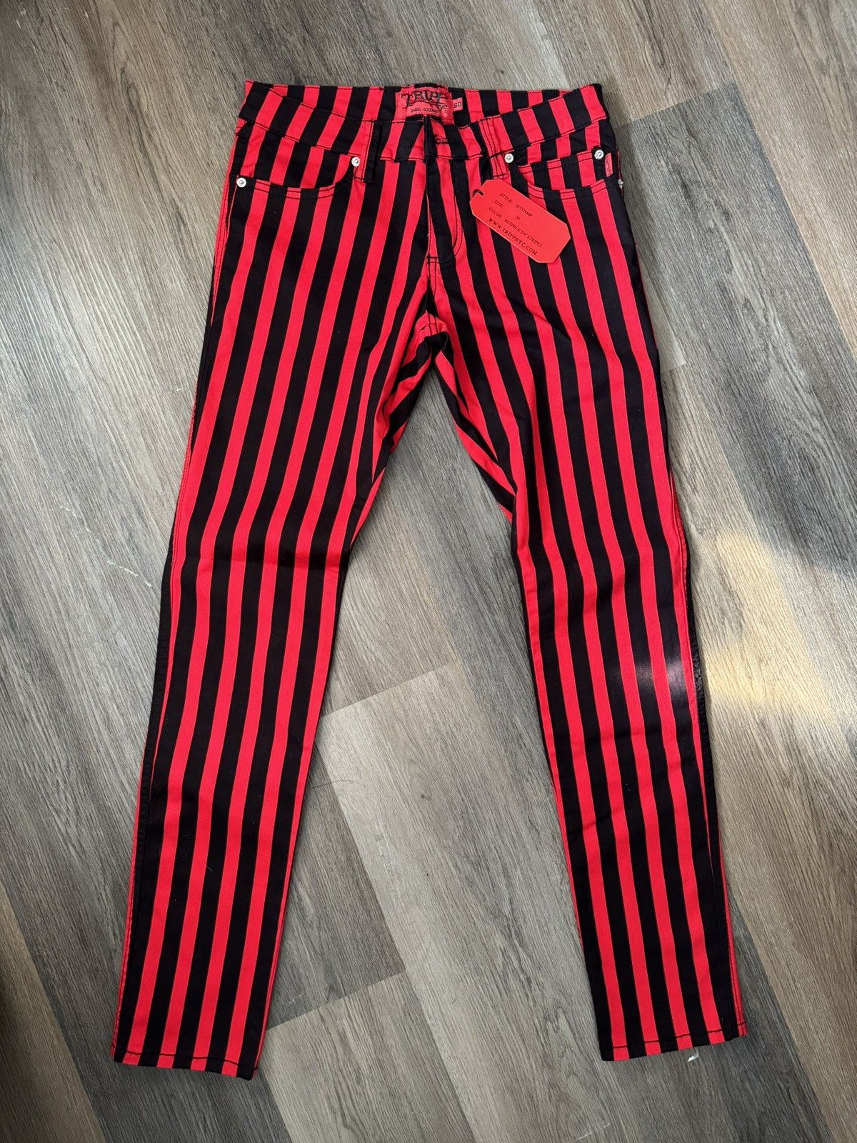 image of Tripp NYC Red & Black Striped Rockstar Jeans, Men's (Size 30)