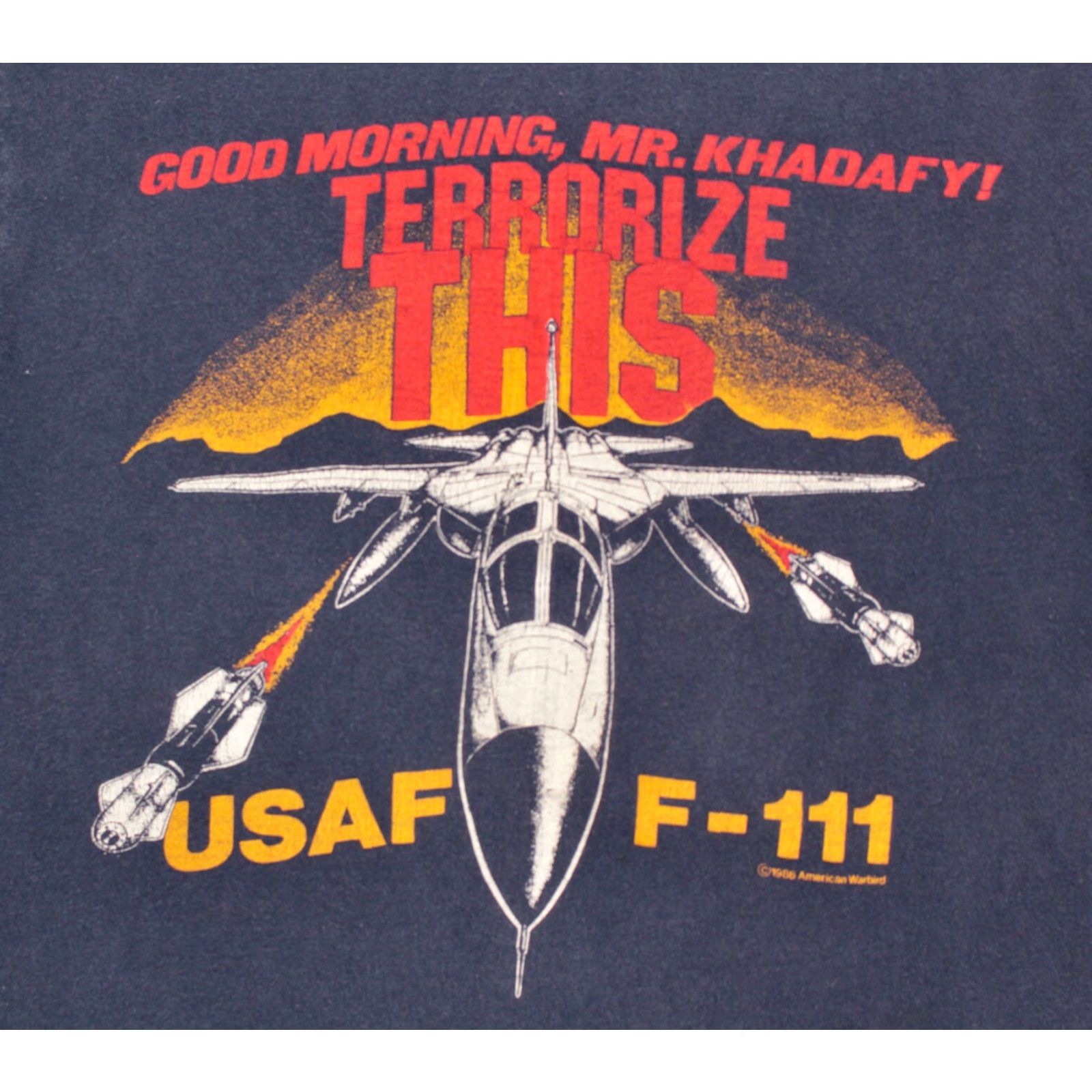 Hanes VTG 80s USAF F-111 Aardvark TShirt Khadafy 1980s Blue Hanes Cotton Graphic Tee Mens S/M Size Small Vintage TShirt Size US S / EU 44-46 / 1 - 3 Thumbnail