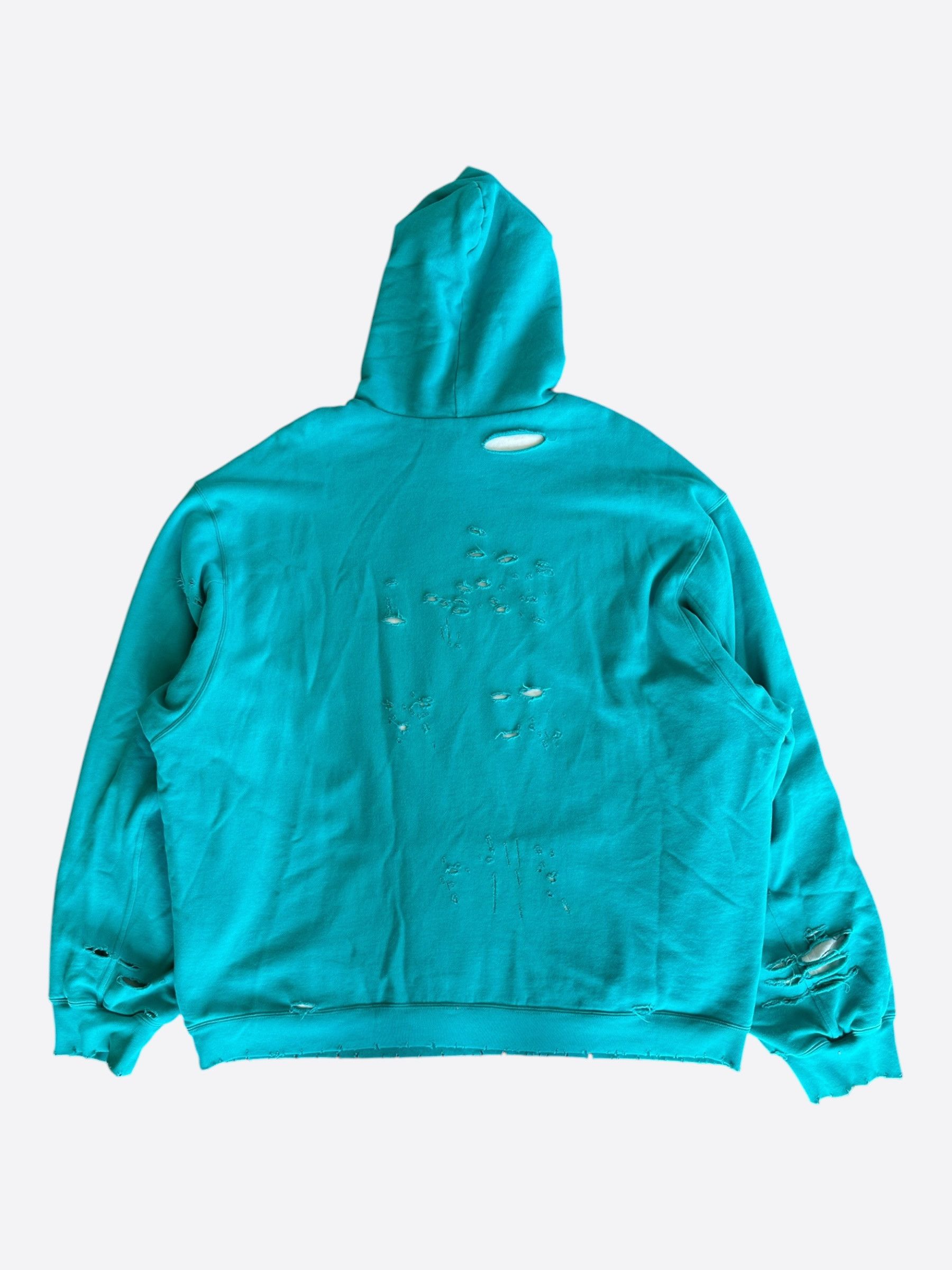 Balenciaga Balenciaga Turquoise & White Logo Distressed Hoodie Size US XXL / EU 58 / 5 - 2 Thumbnail