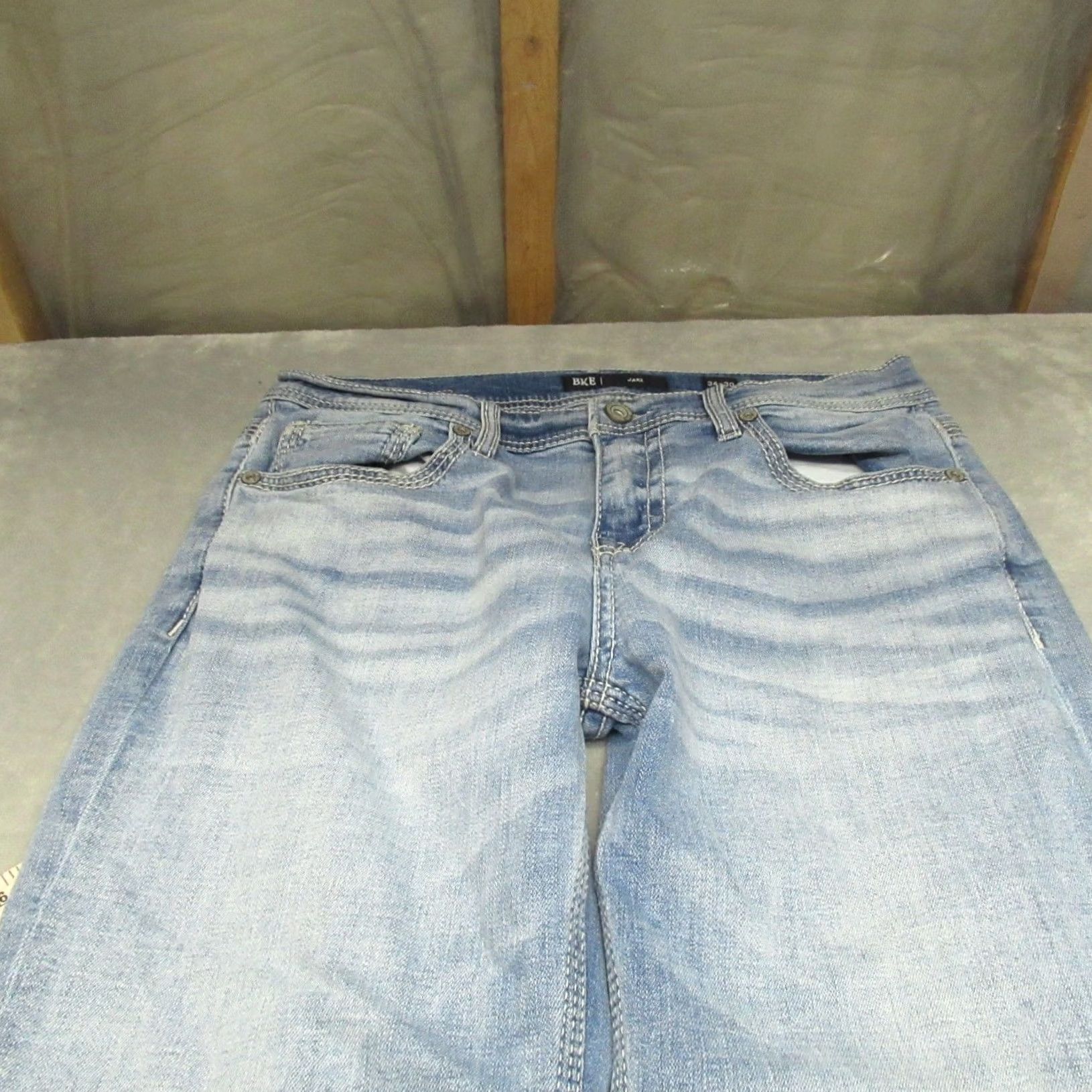 BKE BKE Jake Jeans Men 34 Light Wash Denim Bootcut 33x29 Whisker Distressed Pockets Stretch Cotton Blend Blue Denim Jeans Mens Size US 34 / EU 50 - 2 Thumbnail