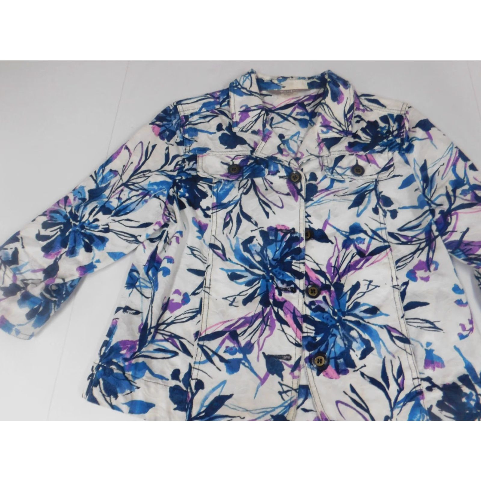 Vintage Tanjay Womens Jacket 6P Floral Button Down Collar Blue Knit Embroidered Solid Long Sleeve Mid-Length Casual Fall Spring 6P Petite Womens Jacket Size M / US 6-8 / IT 42-44 - 3 Thumbnail
