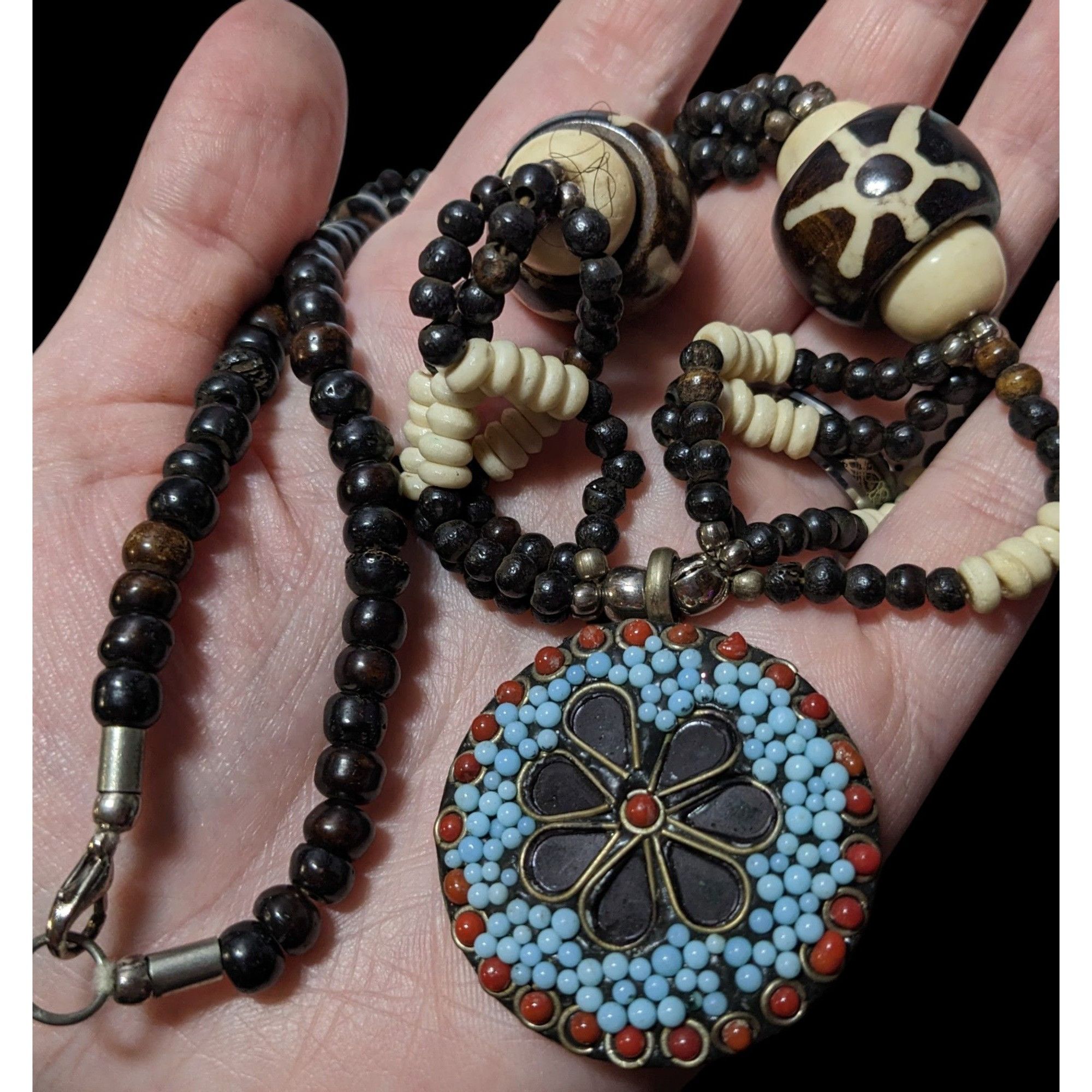 Other Vintage Handmade Beaded Ethnic Wood Metal And Glass Medallio Size ONE SIZE - 7 Thumbnail