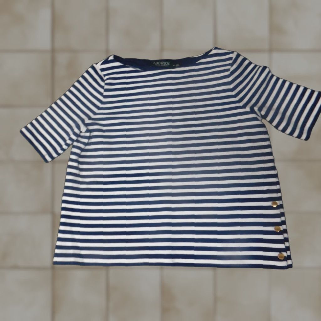 Ralph Lauren Lauren Ralph Lauren Blouse Womens Medium Blue Striped Pullover Short Sleeve Round Neck Stretch Casual Regular Size M / US 6-8 / IT 42-44 - 1 Thumbnail