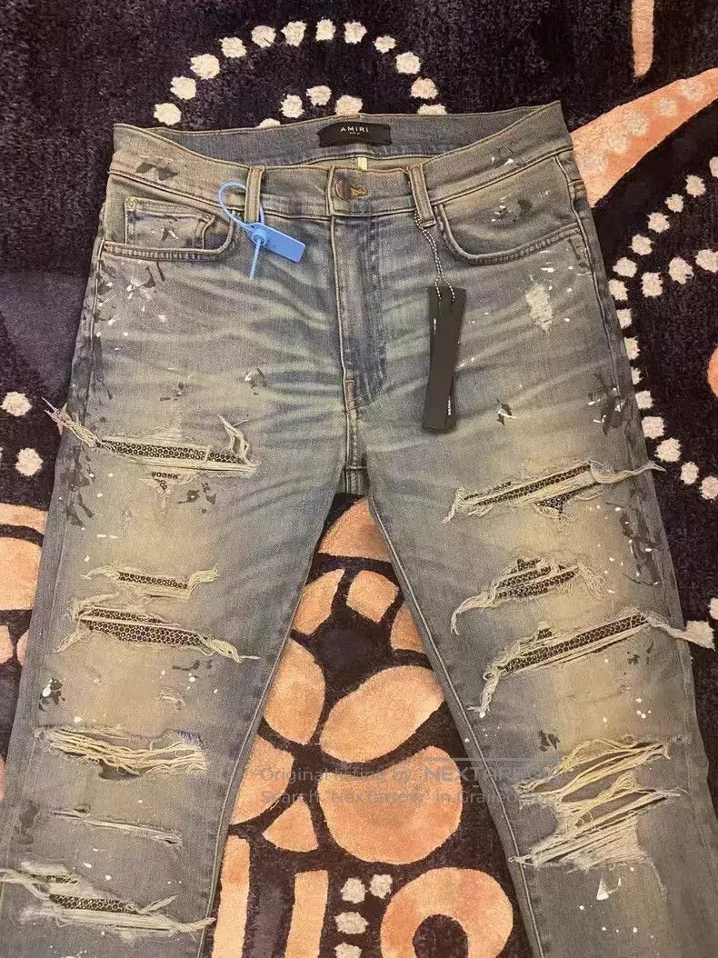 Amiri Amiri Classic Splattered Destroyed Blue Diamond Size US 33 - 2 Thumbnail