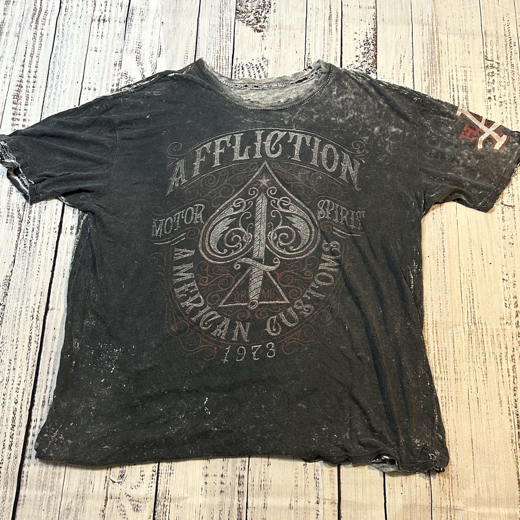 Affliction Affliction Crazy Thrashed AOP Skull Sword American Customs Men 2XL Shirt T-Shirt Short Sleeve Multicolor Graphic Print Mens Size US XXL / EU 58 / 5 - 2 Thumbnail