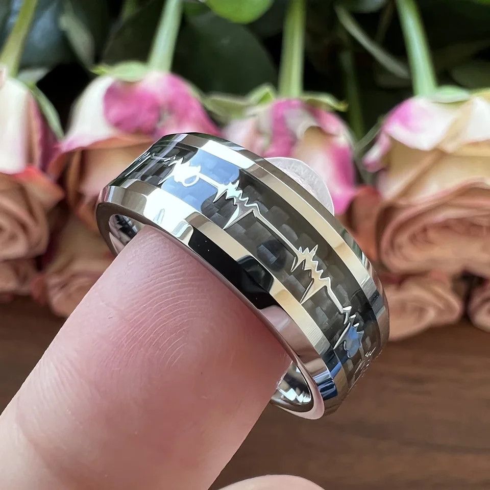 Japanese Brand × Jewelry 8mm Black Carbon Fiber Heart Inlay Ring Size ONE SIZE - 5 Thumbnail