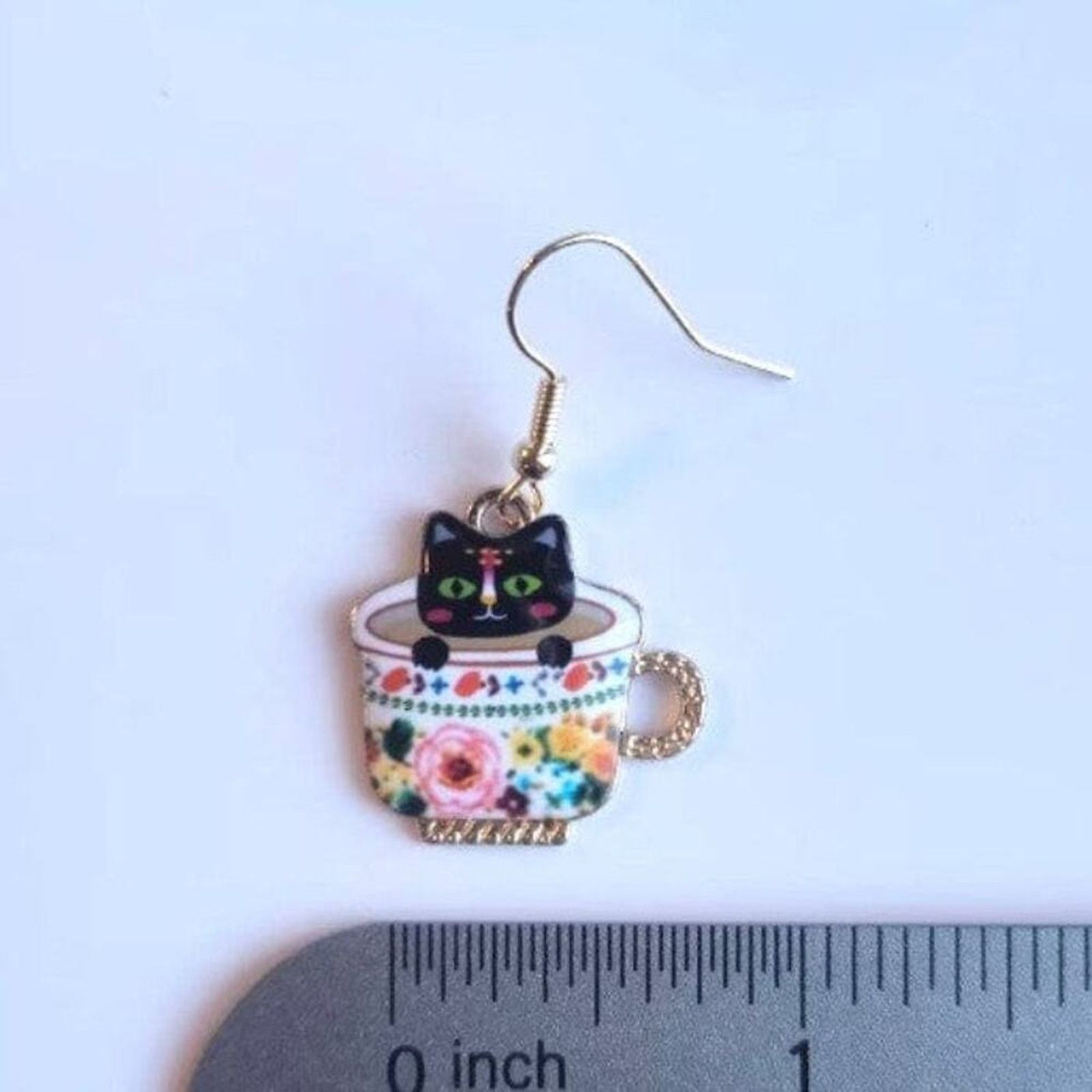 Other Black Cat Teacup Earrings Floral Handmade Earrings Gift Size ONE SIZE - 3 Thumbnail