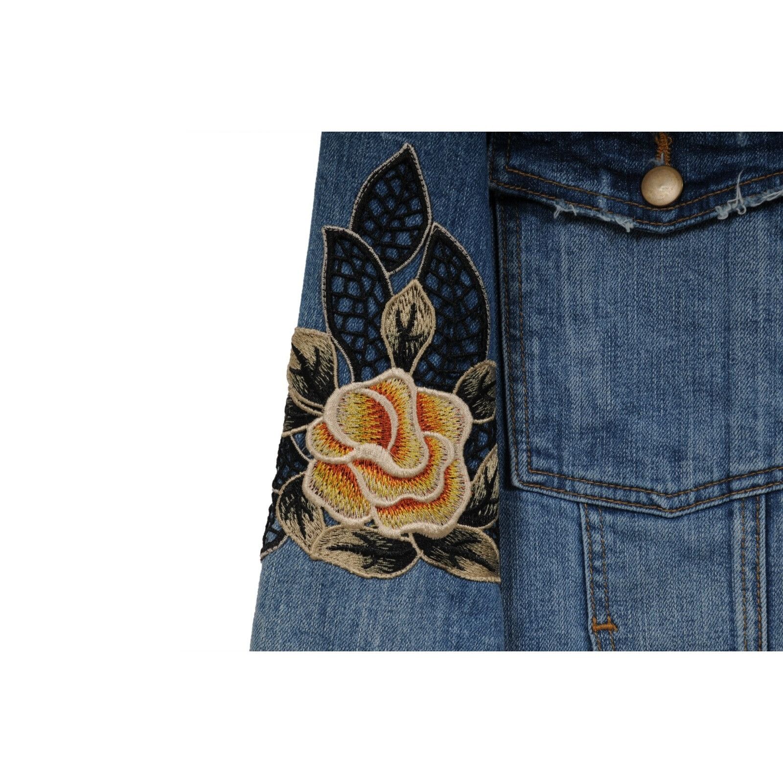 Oro Los Angeles Floral Embroidery Jean Denim Trucker Jacket Shearling Collar Size US L / EU 52-54 / 3 - 3 Thumbnail