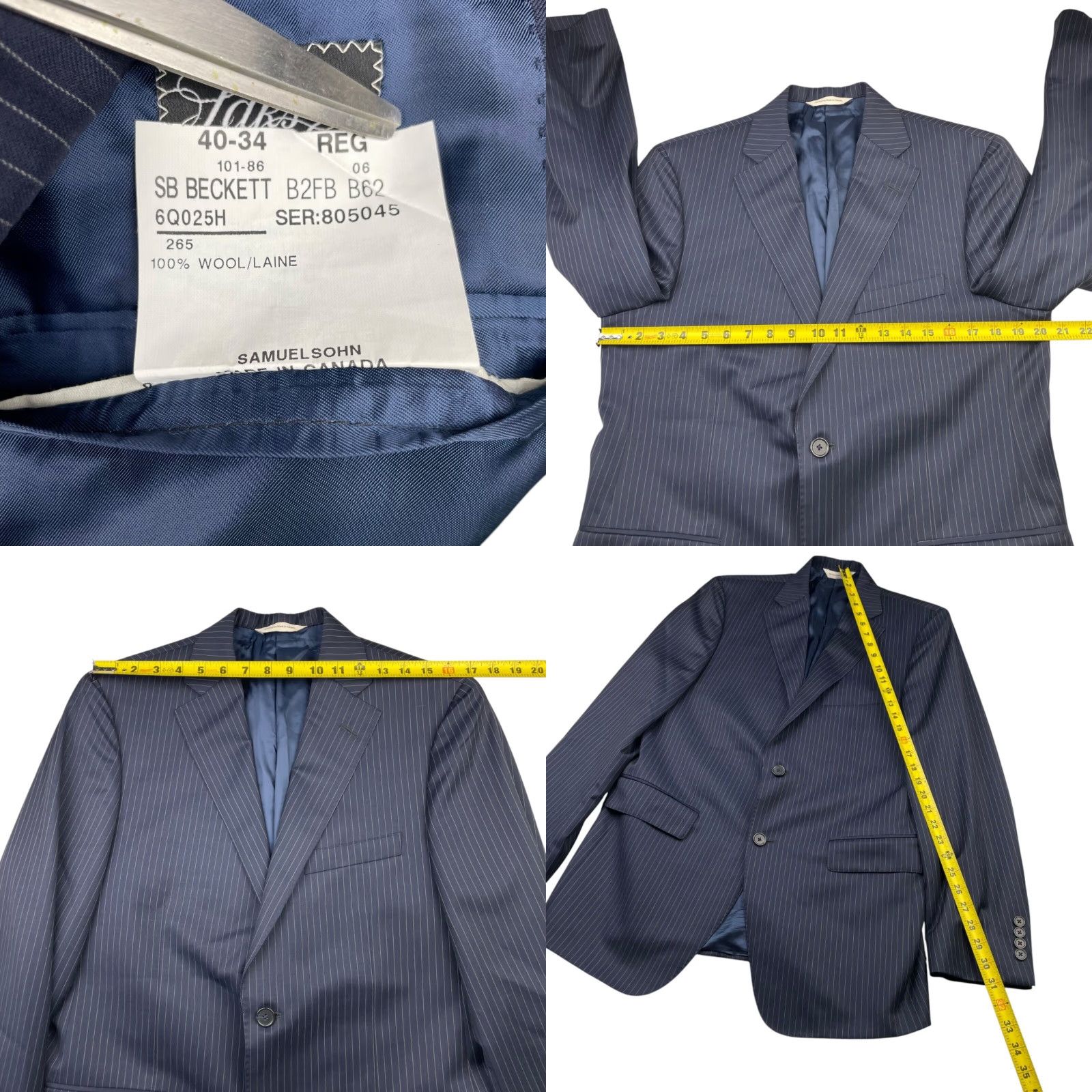 Vintage Samuelsohn Beckett Blazer Navy Blue Stripe 2-Button 40R Wool Mens Blazer Jacket Size 40R - 8 Thumbnail